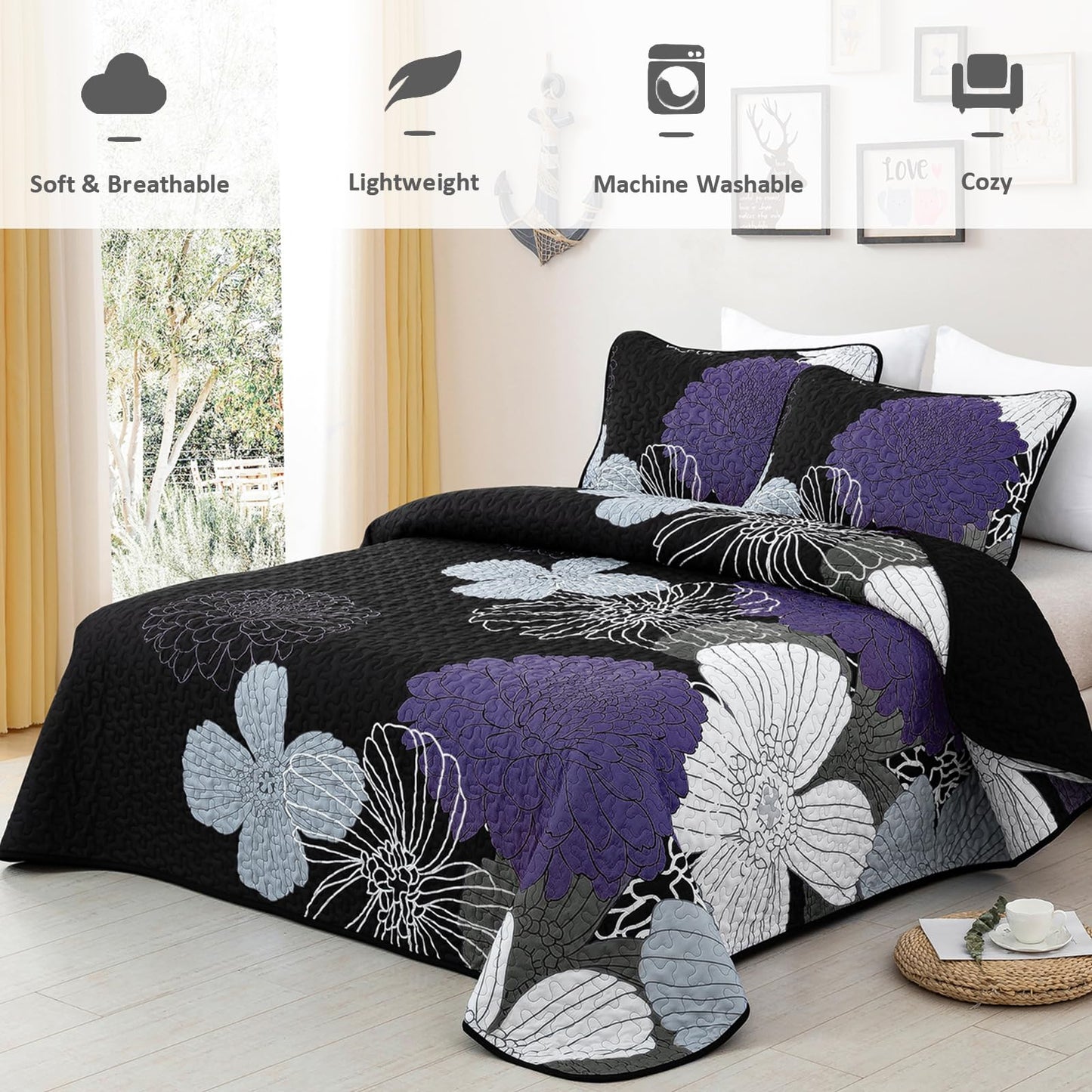 Purple Floral Quilt Set Queen Size - 3 Pieces Purple Flower Pattern Coverlet Set, Soft Microfiber Lightweight Quilted Bedspread for All Season with 2 Pillowcases All Seasons Bed Cover Set 96"x90"