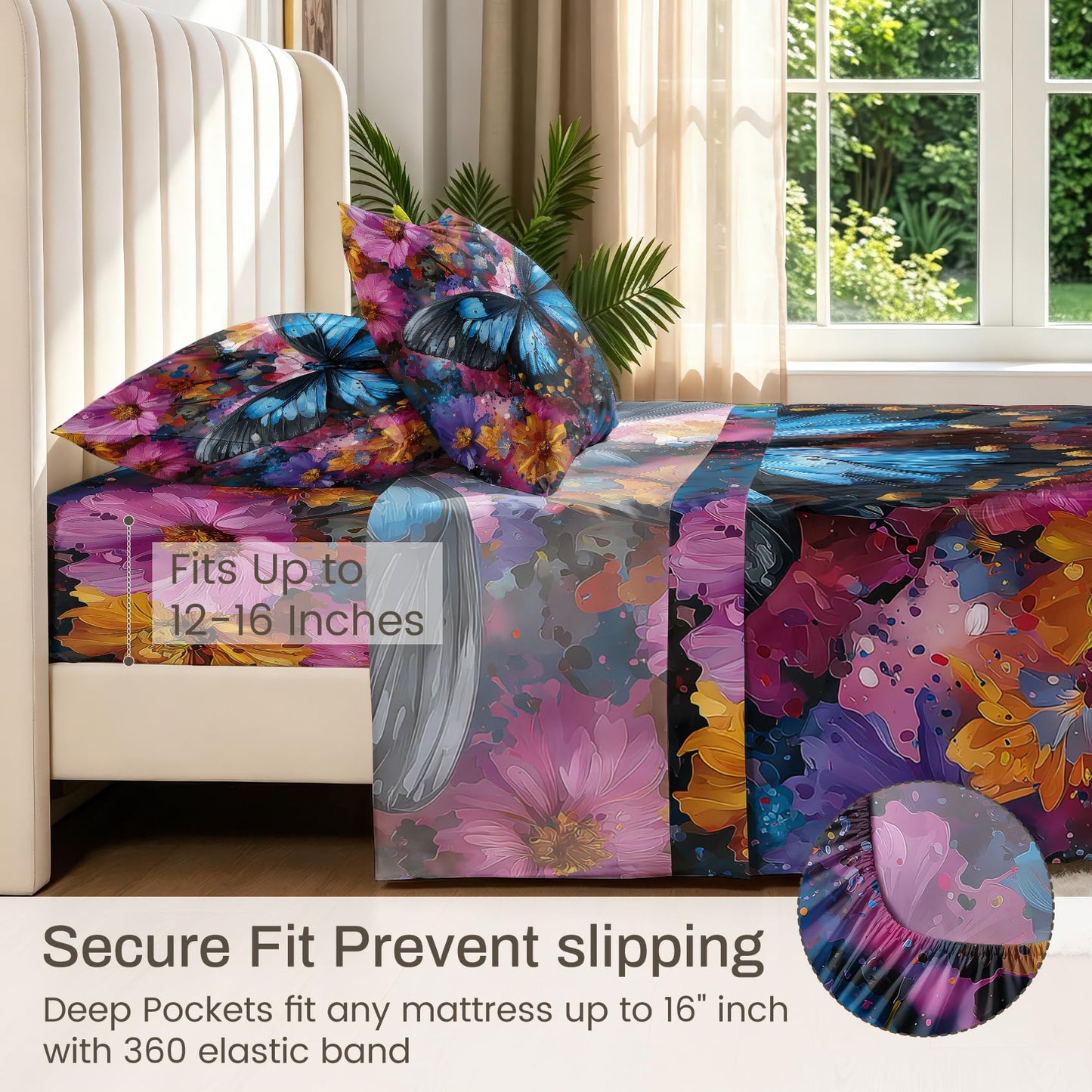 Blue Butterfly Queen Sheet Set Girls Floral Flat Fitted Sheet Sets