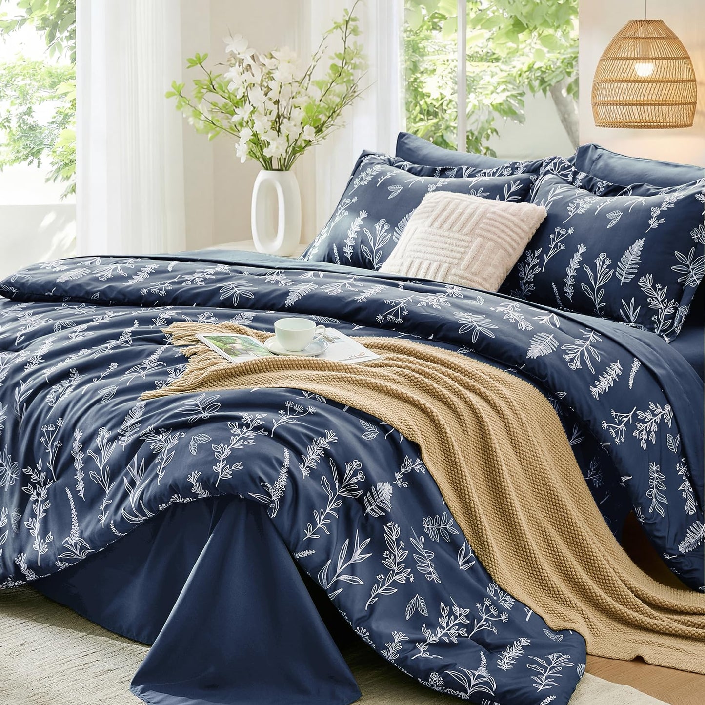 MUXHOMO Navy Blue Bed in a Bag Queen 7 Pieces, Queen Comforter Set Reversible Botanical Flowers Design, Ultra Soft & Breathable Bedding Sets with Comforter, Sheets, Pillowcases & Shams