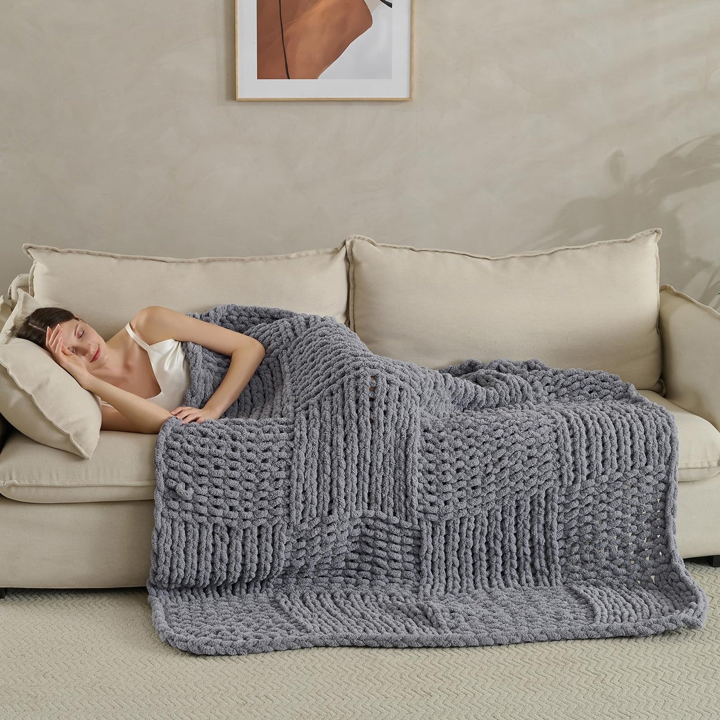 WZOWZO Chunky Knit Blanket Throw 50x60 Inches,Handmade Cable Knit Crochet Blanket,Cozy Lightweight All Season,Wrinkle-Resistant Polyester for Couch Bed Sofa Reading Nook,Grey