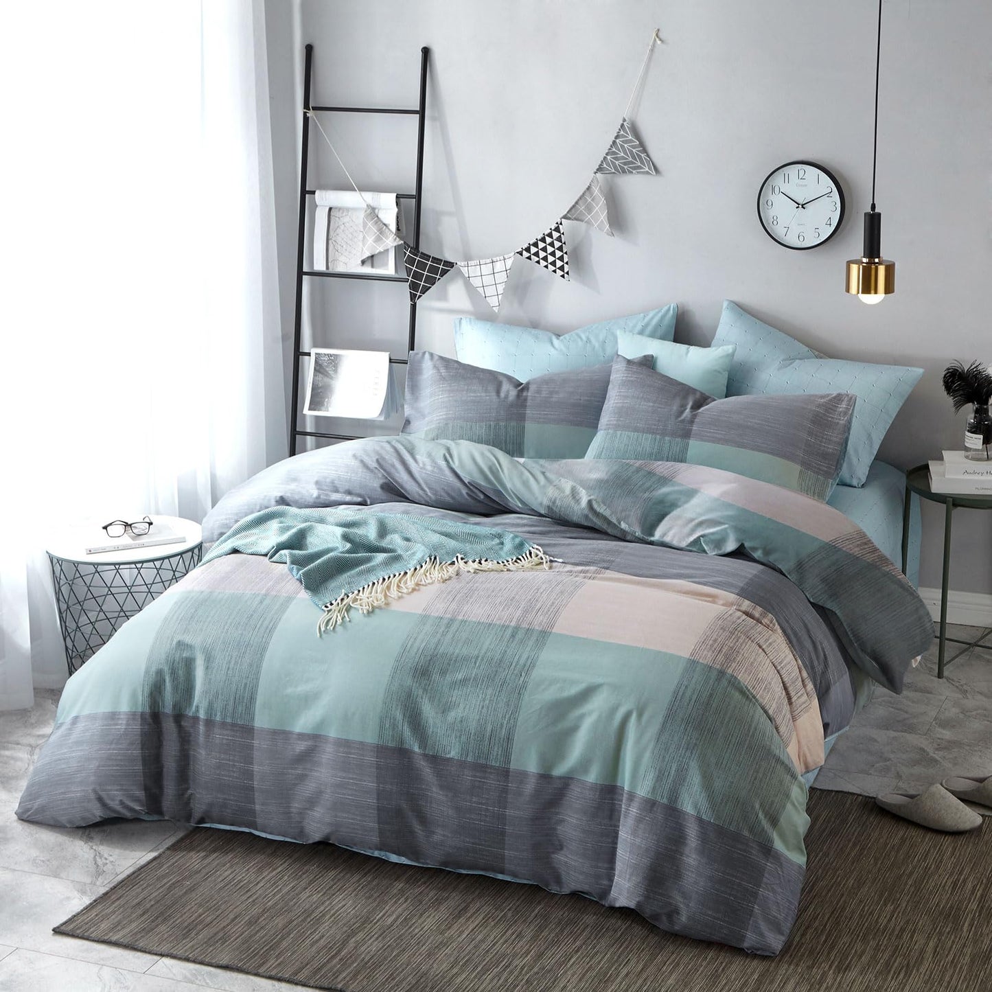 VM VOUGEMARKET Blue Patchwork Duvet Cover Set Queen Multi-Dimensional Design Modern Bedding Set Plaid Mint Green with Stripes Soft Cotton Comforter Cover with Zipper Closure-No Filling