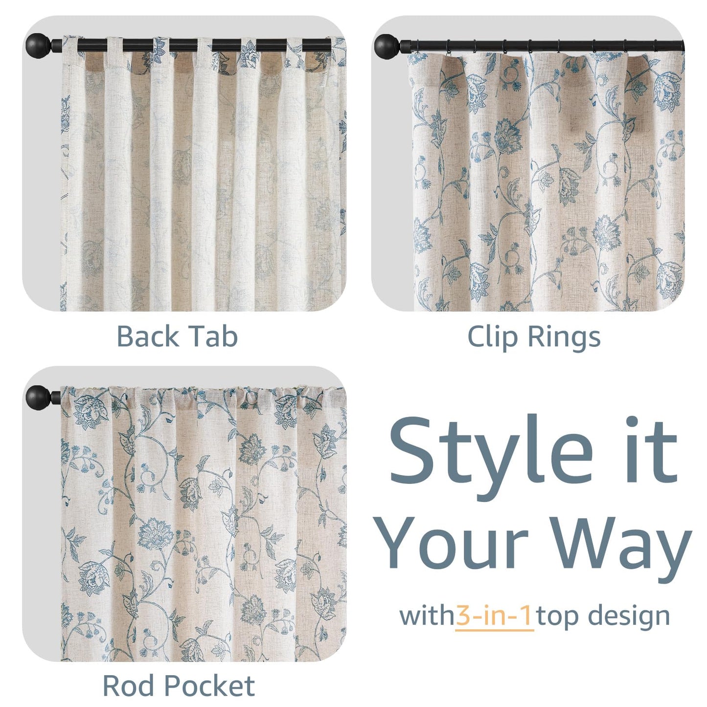 jinchan Linen Curtains Floral Curtain 84 Inch Length for Living Room Bedroom Light Filtering Rod Pocket Back Tab Jacobean Curtains Flax Linen Texture Window Drapes Set 2 Panels Blue on Linen