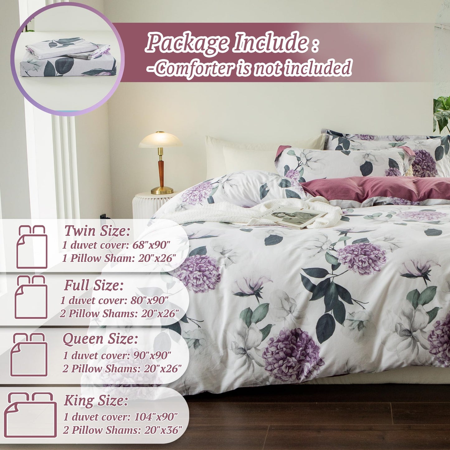 MILDLY 100% Washed Cotton Duvet Cover - Hydrangea Floral Comforter Cover Set Botanical Flower Pattern Bedding Set with Zipper Closure