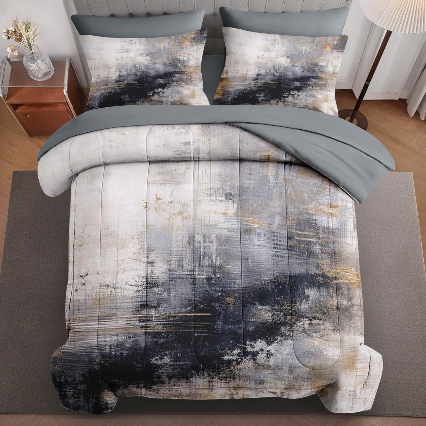 Boewywh Comforter Set Twin Size Abstract Modern Gold 7 Pcs, Bedding for Kids and Adults, Bed Sheet Sets with Fitted Sheet 2 Pillowcases & 2 Shams for Bedroom Bed Decor