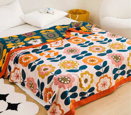Scientific Sleep Retro Floral Modern Boho Flower Lively Bright Blanket Throw 100% Cotton Muslin for Kids Girls Bed Couch Sofa Cozy Soft Reversible Quilt Bedspread Coverlet Full Queen 80 in x 90 in