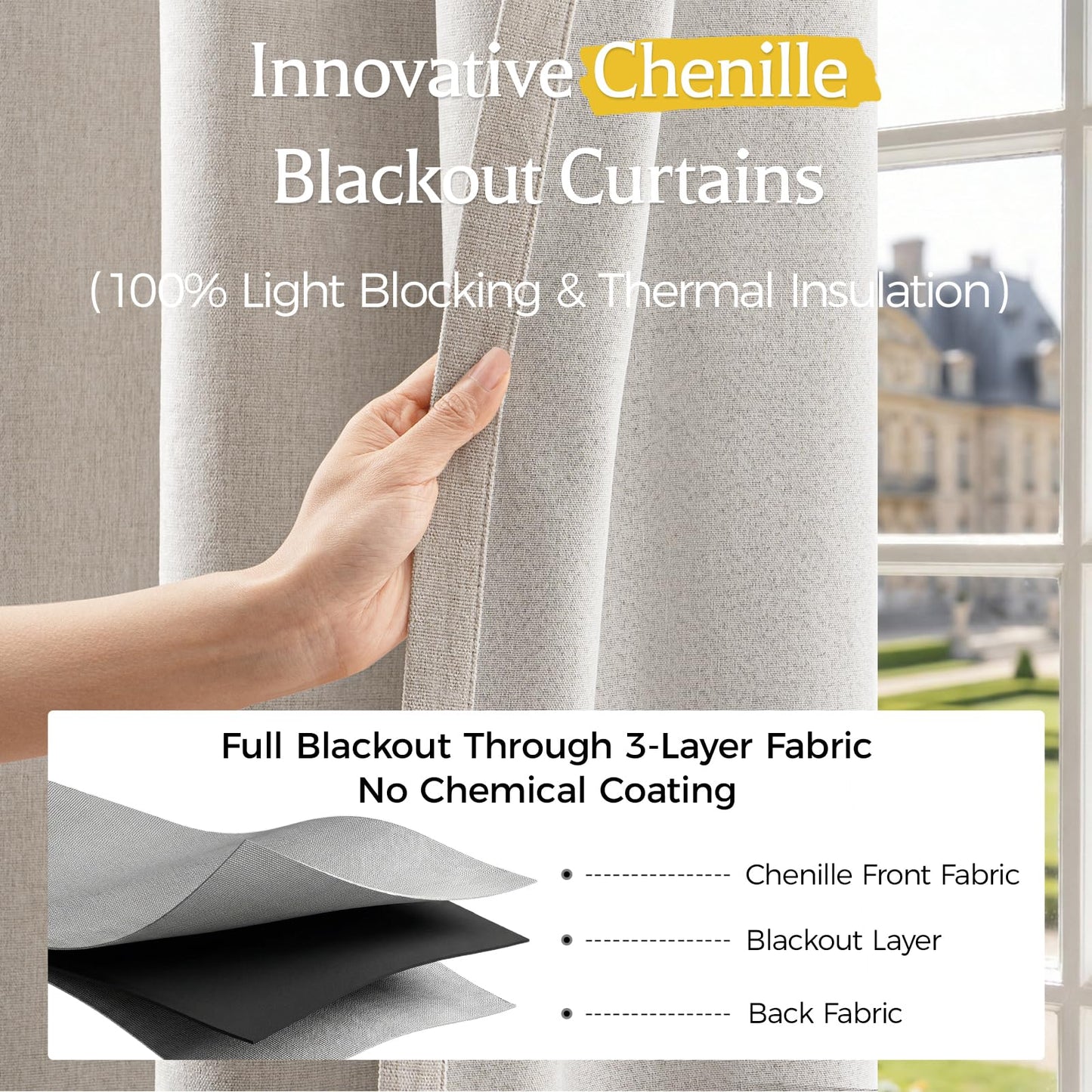 HushLoom 100% Blackout Curtains for Bedroom, Luxury Chenille Thermal Insulated Drapes for Living Room, Energy Saving Room Darkening 84 Inch Long Curtains, Grommet Top, 2 Panels, 52" W x 84" L, Beige