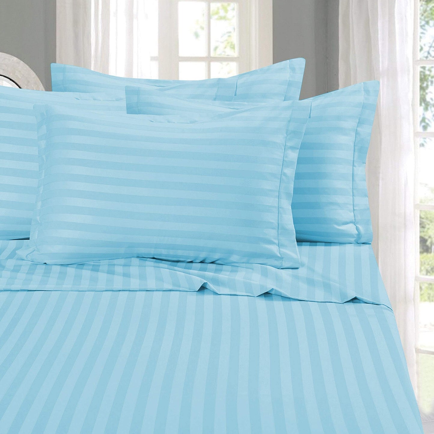 Elegant Comfort Best, Softest, Coziest 6-Piece Sheet Sets! - 1500 Premier Hotel Quality Luxurious Wrinkle Resistant 6-Piece Damask Stripe Bed Sheet Set, King Aqua Blue