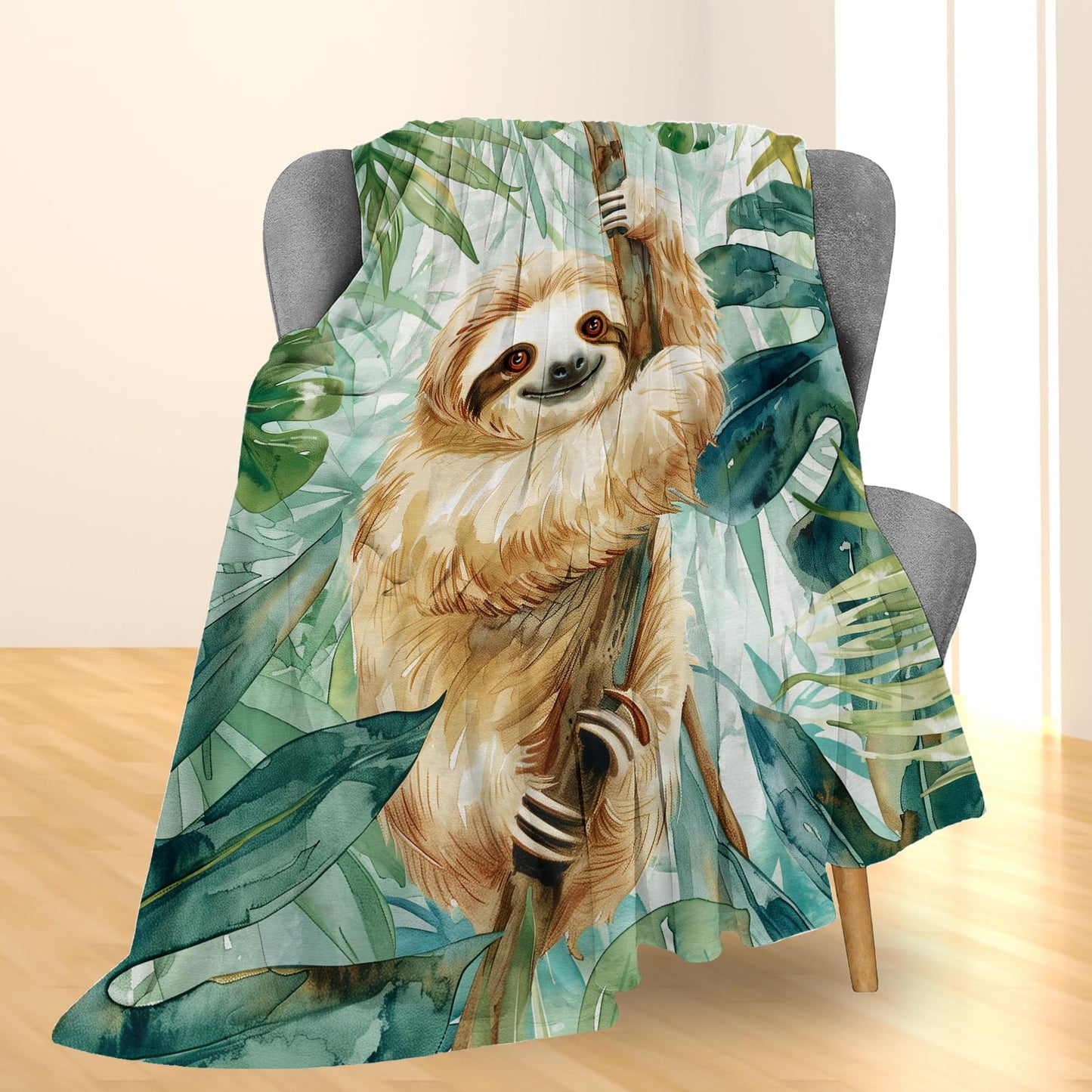 Ti Caldi Adorable Sloth in a Lush Jungle Blanket, Soft Flannel Throw Blanket for Couch, Bed, Travel & Home Decor, Lightweight Cozy Warm Fuzzy Blankets for Adults Women Kids Nature Lovers 60×50 in
