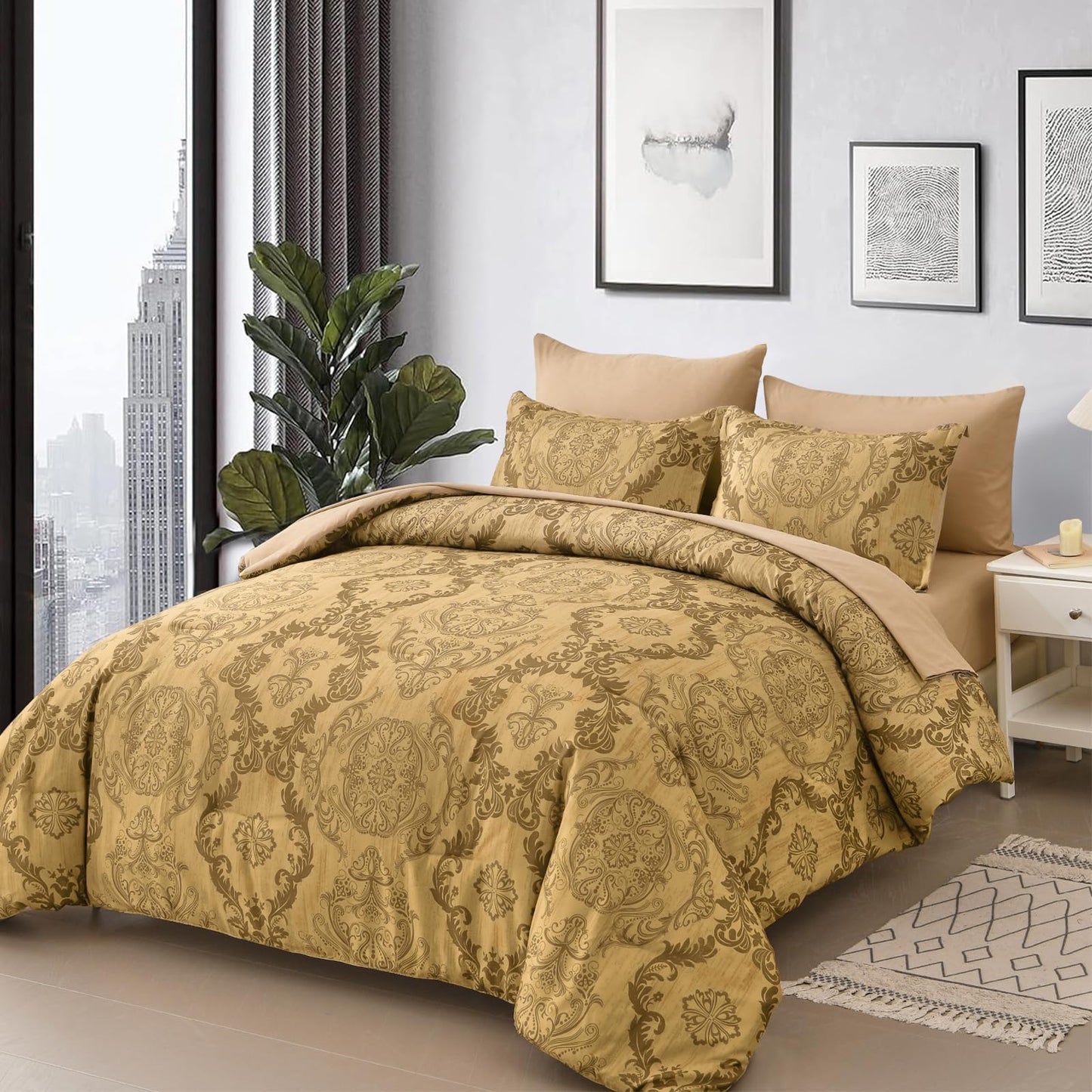 WONGS BEDDING Gold Comforter Set Queen Size, Damask Texture Design 7 Pieces Bed in a Bag Microfiber Comforter Bedding Sets -1 Comforter, 1 Flat Sheet, 1 Fitted Sheet, 2 Pillow Shams, 2 Pillowcases