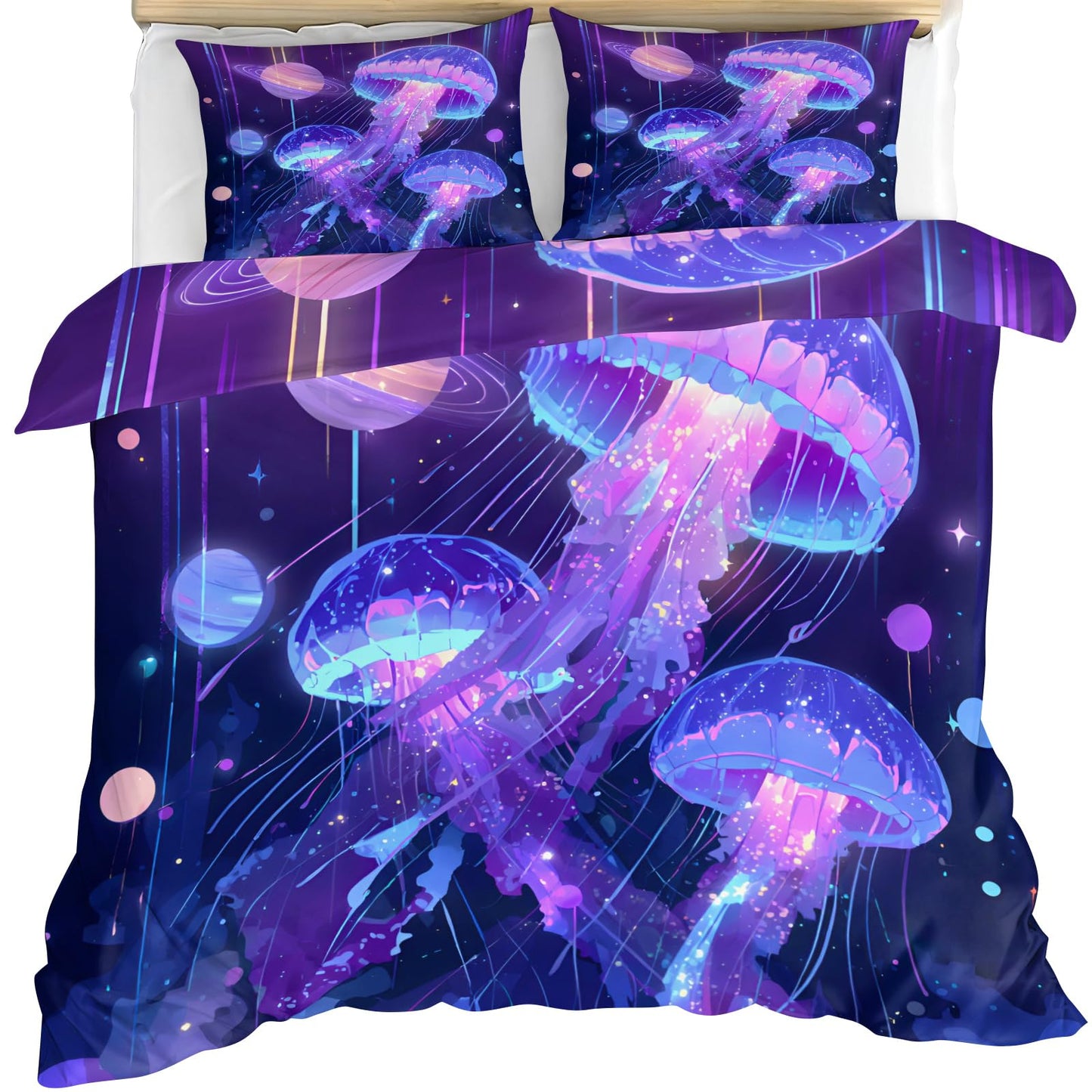Jellyfish Duvet Cover Set King Size Lightweight for Kids Girls Boys, Ocean Aquatic Animal Jellyfish Bedding Set 3 Pieces with Zipper Closure, Sea Underwater World Comforter Cover with 2 Pillowcases