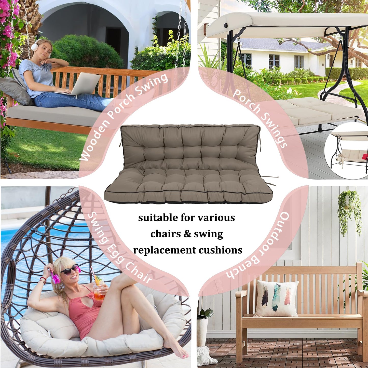 2-3 Seat Swing Replacement Cushion, Outdoor Bench Cushions with Backrest Thicken 4", Patio Furniture Garden Porch Loveseat Glider Pad Anti-Fading Waterproof (Khaki, 40x55in)