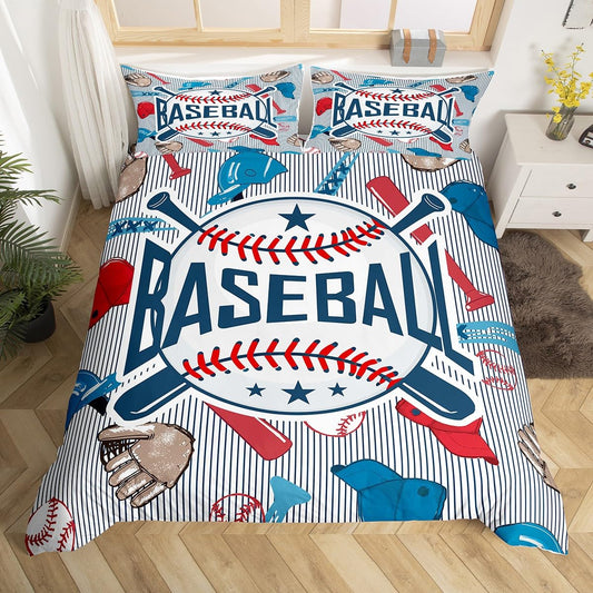 Baseball Duvet Cover Set Queen Size, Vintage Baseball Bat Gloves Cap Bedding Set 3pcs for Kids Boys Teens, Sports Theme Comforter Cover Soft Polyester Quilt Cover with 2 Pillowcases,No Comforter