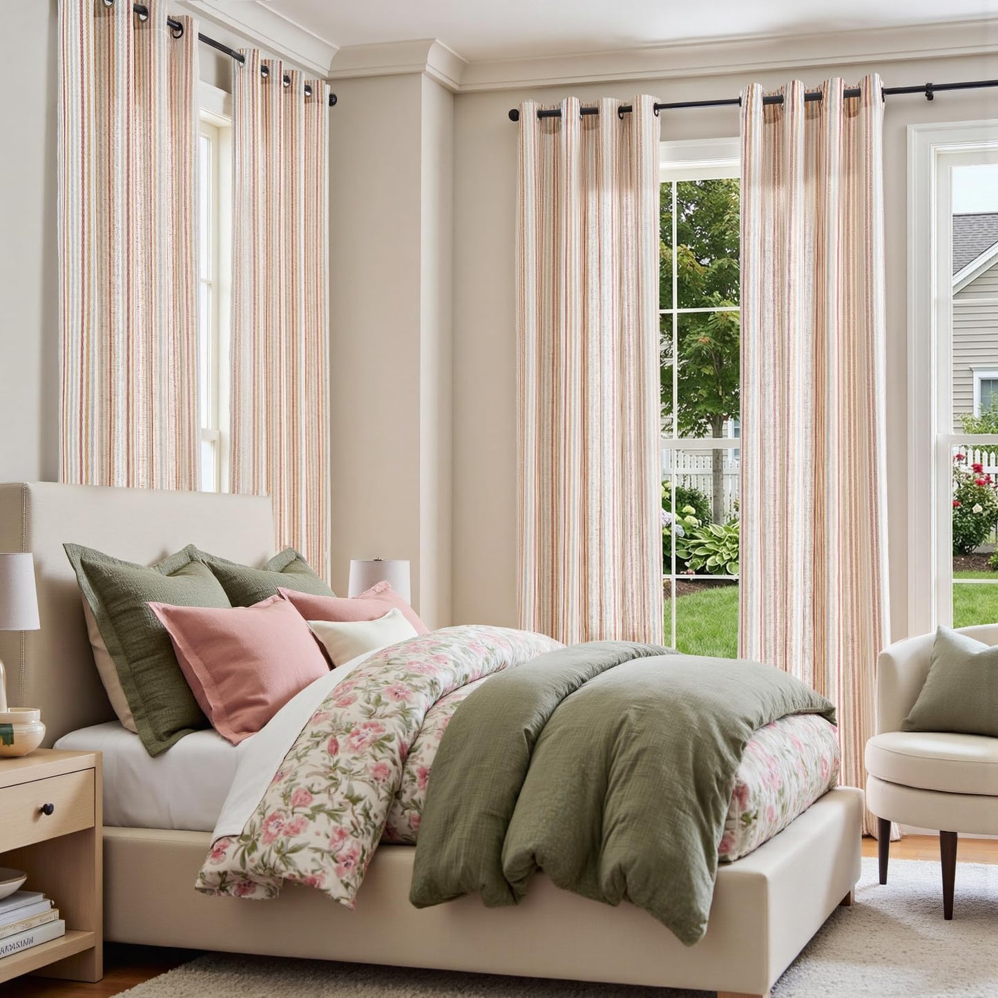 jinchan Linen Curtains for Nursery Bedroom 84 Inch Long Multi Red on Beige Striped Curtains for Living Room Cute Ticking Stripe Farmhouse Baby Girl Kids Room Light Filtering Grommet Drapes 2 Panels