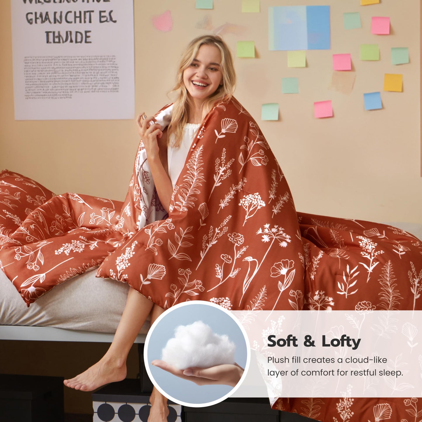 Joiedomi Floral Twin Comforter Set Terracotta Bedding Set - 2 Pieces Twin Bed in a Bag with 1 Soft Reversible Botanical Flowers Comforter and 1 Pillow Sham
