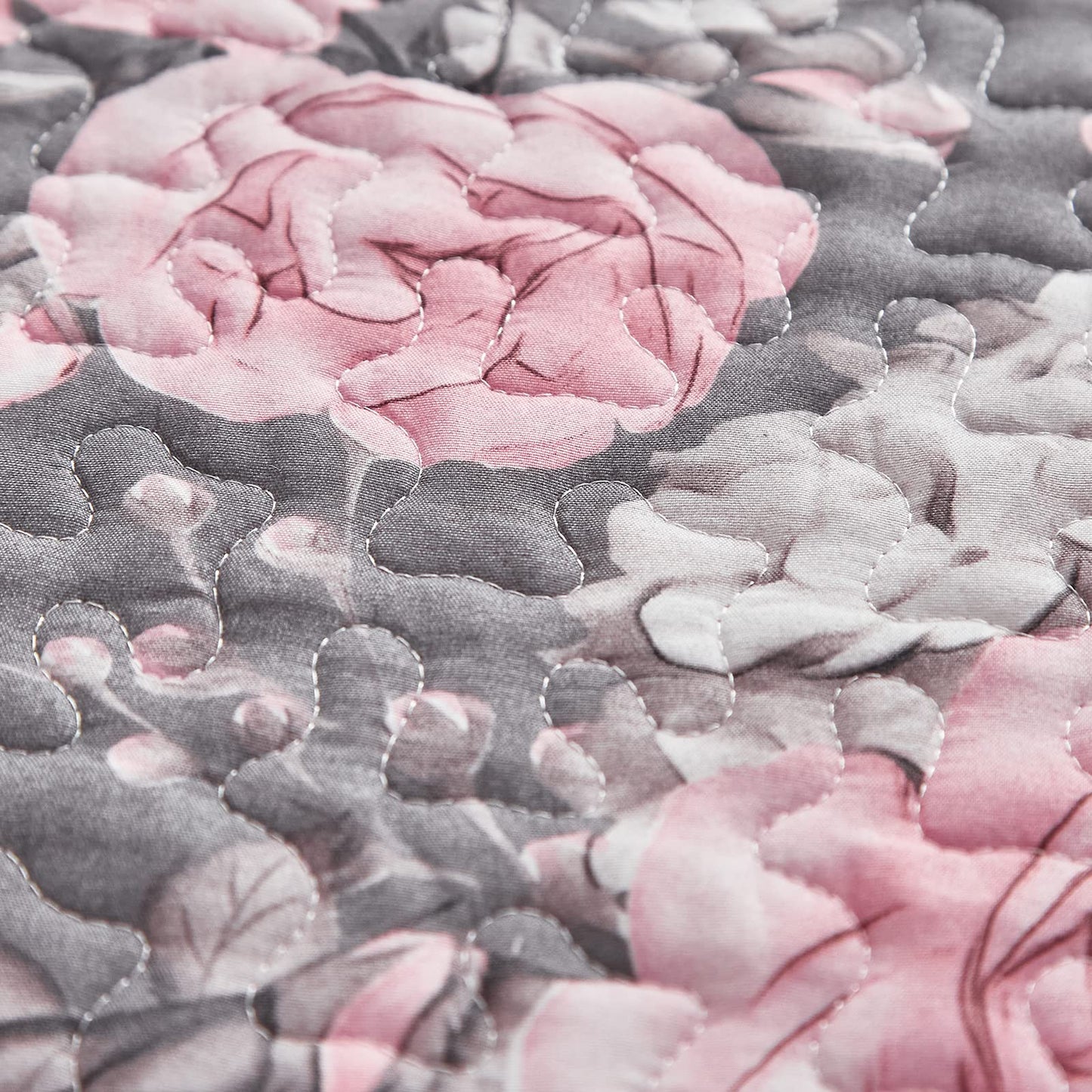 3 Pieces Quilt Set Grey with Pink Floral Quilt Bedding Set Queen Size Soft Microfiber Lightweight Reversible Coverlet Bedspread for All Season Grey Flower Quilt Set (1 Quilt+ 2 Shams)