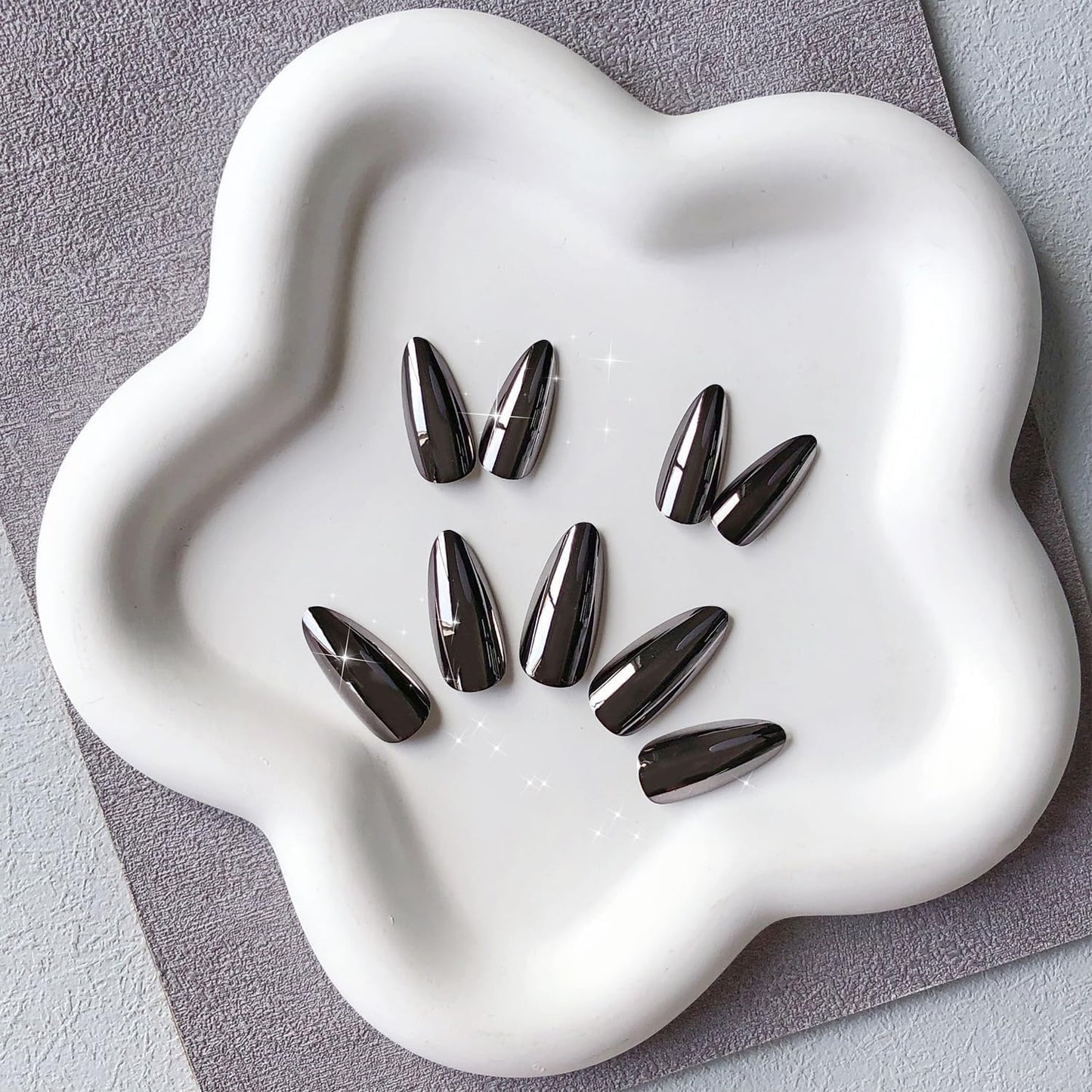 Smoky Grey Chrome Press on Nails Medium Almond, KQueenest Mirror Metal Stiletto Fake Acrylic Nails with Bling Design, Black Glue on Nails for Daily Wear, False Nails Press ons in 24 Pcs