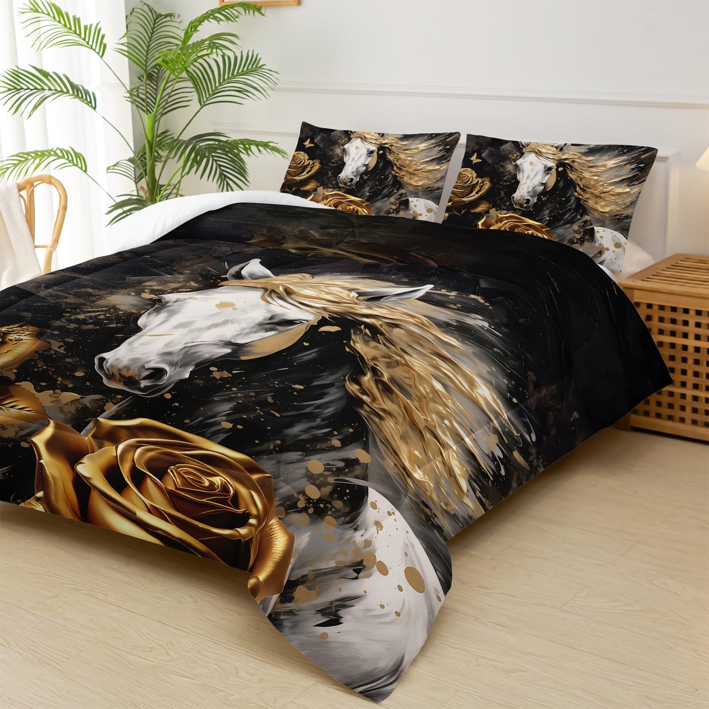 lneffble White Horse Style Comforter Set Twin Size，Gold Rose Floral Bedding Sets Twin，Butterfly Quilt Pattern，Western Bedroom Decor