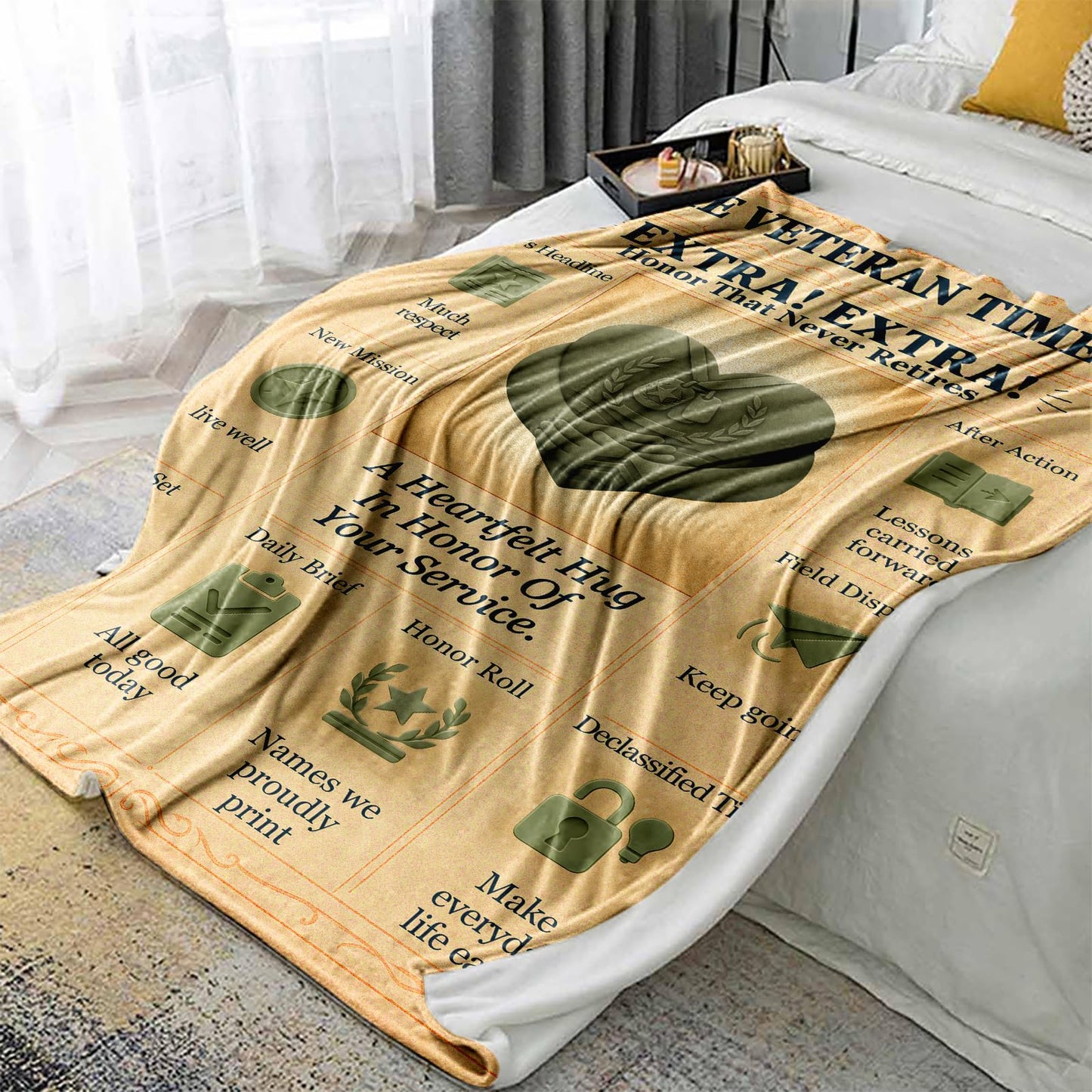 Veteran Appreciation Flannel Throw Blanket 60x50, Vintage Newspaper-Style Service Appreciation Throw, Soft Cozy Patriotic Couch or Bed for Men, Veterans Day, Retirement & Homecoming