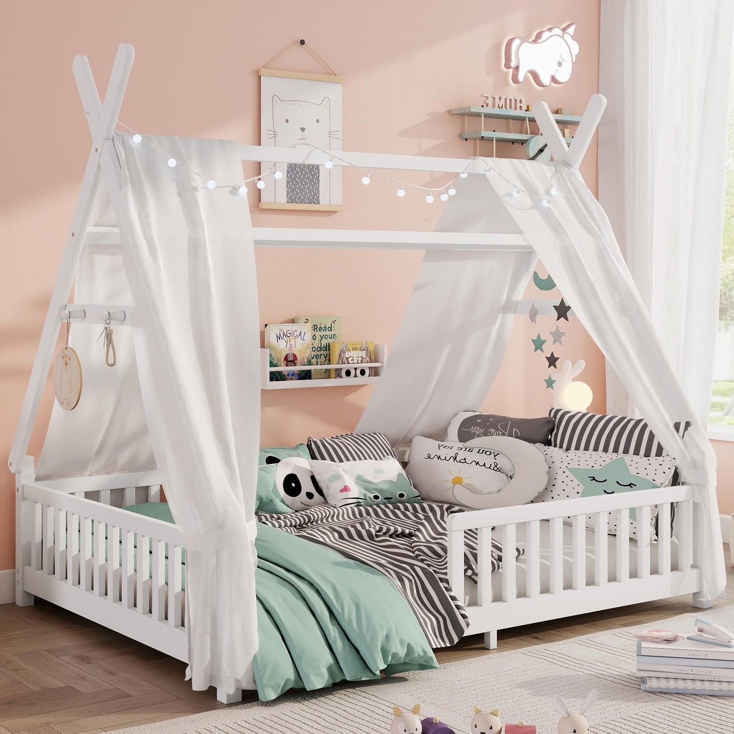 MoproBeti Montessori Bed Full Size with Light and Slats, Wood Teepee Floor Bed for Kids Boys Girls,House Bed Frame with Rails & Roof,No Box Spring Needed, White
