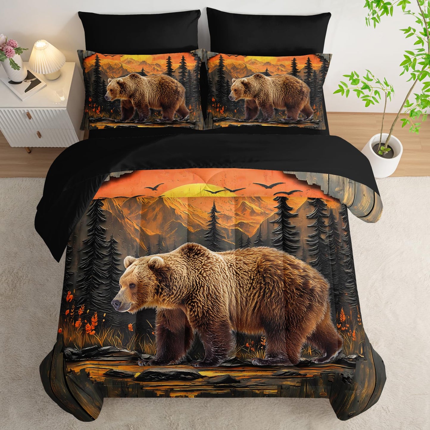 AILONEN Rustic Bear Bedding Twin Size 7-Piece Soft Bed in a Bag, Wildlife Hunting Comforter & Fitted Sheet & Flat Sheet & 2 Pillowcases,2 Pillow Shams for Bedroom Decor