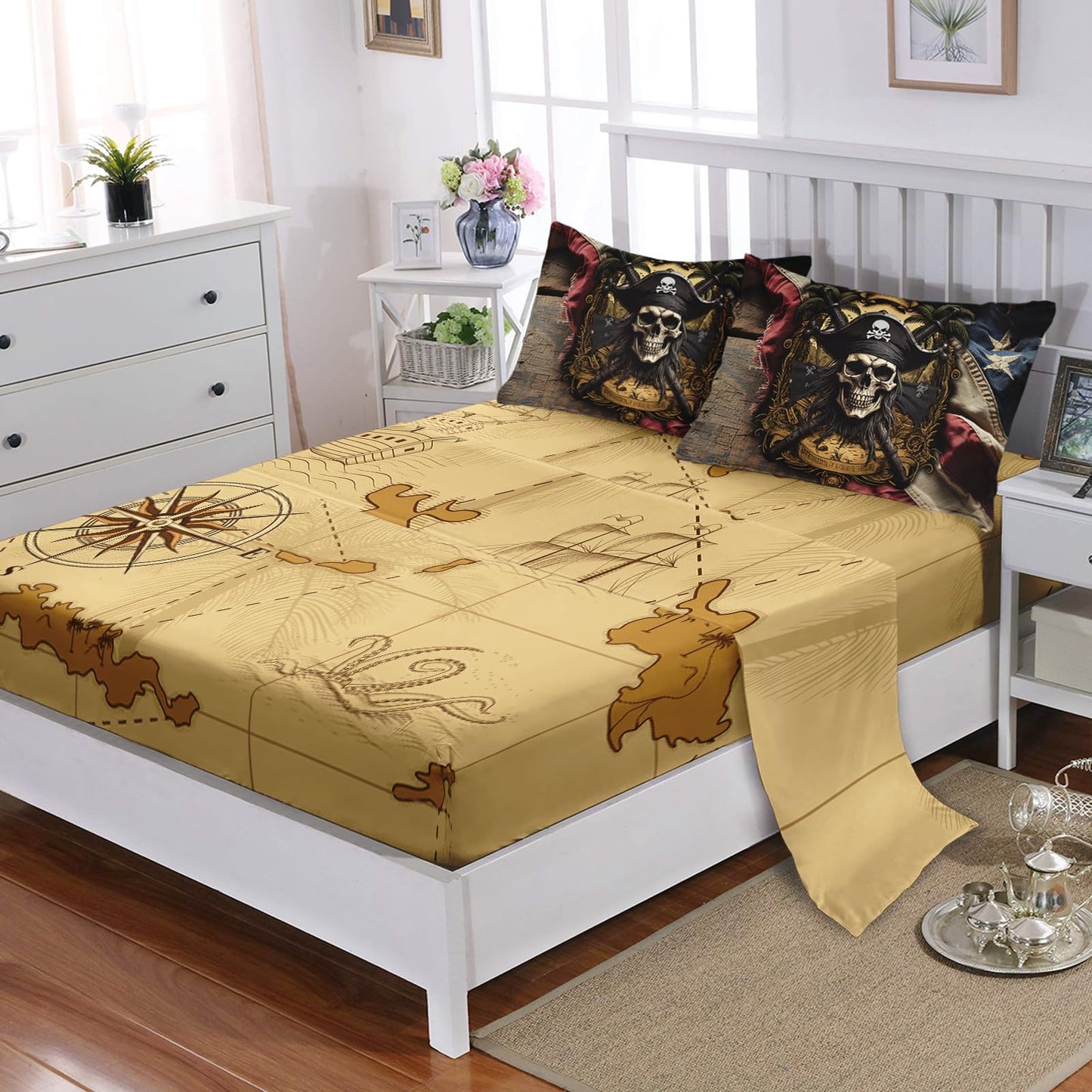 AILONEN Pirate Skull Comforter Set Queen Size,7-Piece Soft Bed in a Bag,Retro American Flag Captain Skull Comforter & Fitted Sheet & Flat Sheet & 2 Pillowcases,2 Pillow Shams