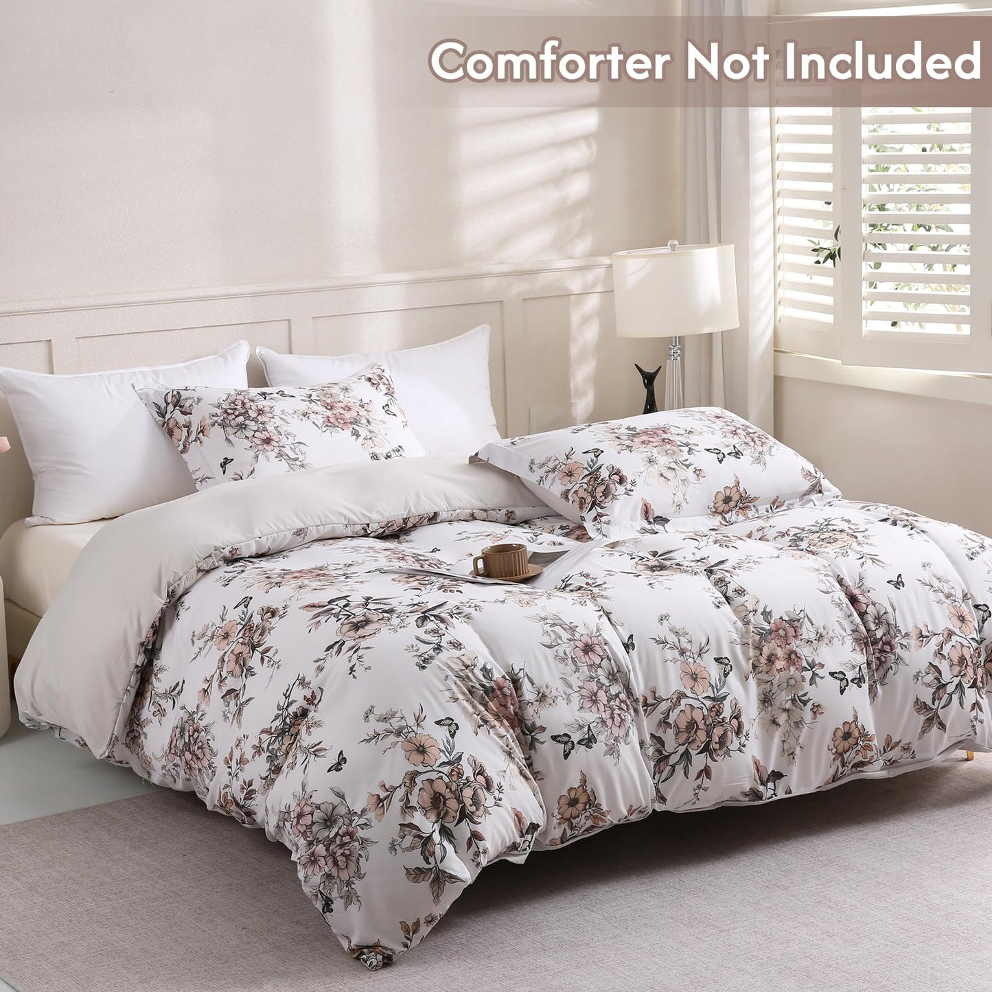 LONAVA Queen Floral 3 Pcs Duvet Cover Set, Breathable Soft Microfiber Light Grey Lining Comforter Cover with Zipper Closure, and 2 Anti-Pilling, Fade Resistant Pillowcases, Withered Flowers