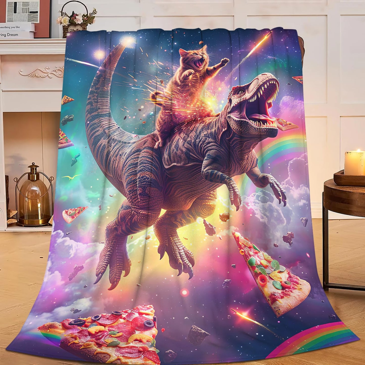 Cat and Dinosaur Blanket Rainbow Pizza Dino Cat Throw Blanket Gifts for Adults Men Women Boys Girls Kids Super Soft Cozy Plush Fluffy Fuzzy Fleece Blanket Decor 50''X60''