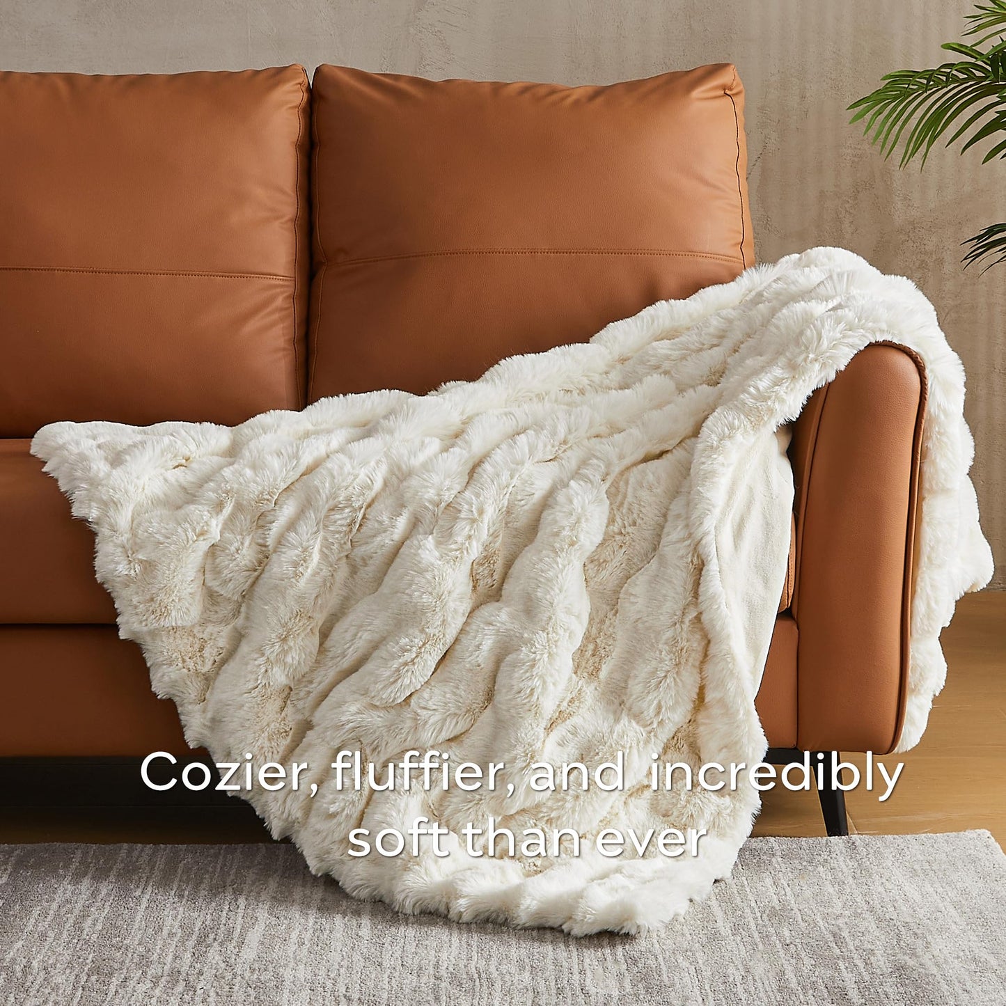 JELLYMONI Faux Fur Throw Blanket, White Throw Blanket for Couch, Fuzzy Cozy Plush Bubble Bed Blanket, Thick and Warm Blanket, Twin (60" x 80")