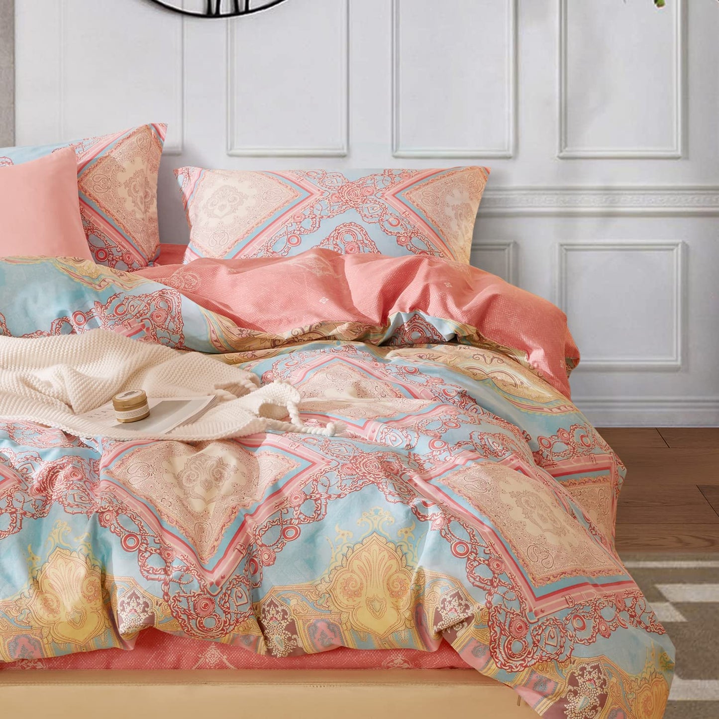 SAPHREAS Bohemian Duvet Cover Set Full Size 3pcs Pink Boho Cotton Bedding Comforter Cover Set Blue 1 Duvet Cover 2 Pillow Shams