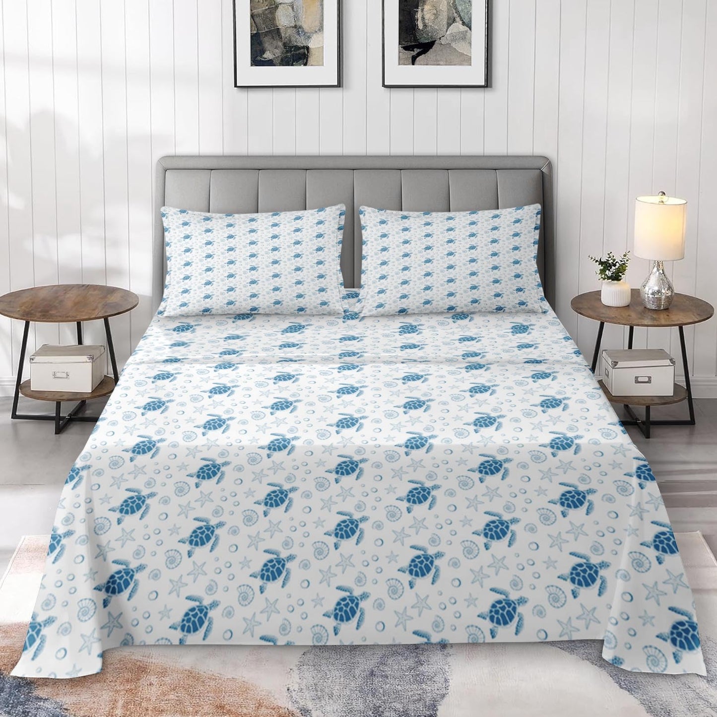 Pamnest Queen Size Bed Sheet Sets, Sea Turtle Ocean Soft Microfiber 4 Pcs Bedding Sets for Kids and Adults Bedroom Bed Decor, Animal Starfish Beach Flat, Fitted Sheet and 2 Pillowcases