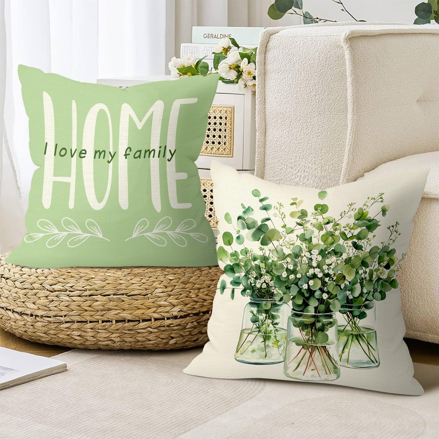 Joymaison Green Farmhouse Throw Pillow Covers 18x18 Inch Set of 4 Green Plants Leaves Cushion Covers Home Decor for Couch Cushion Cases