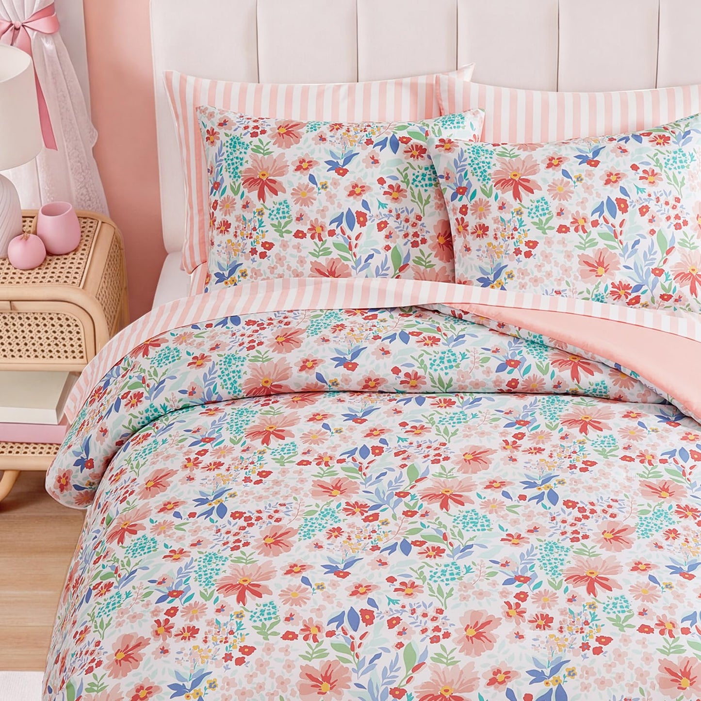 AMBERSPACE Twin XL Comforter Set for Girls, Pink Floral Garden Bedding Set, All Season Kids Bed in a Bag Dorm 5 Pieces with Sheets, Pillowcase & Sham