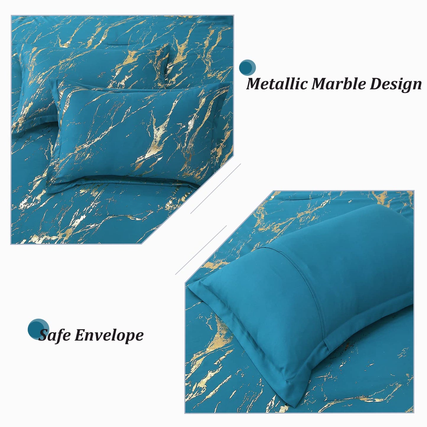 WONGS BEDDING Teal Gold Metallic Marble Comforter Set Queen Foil Print Glitter Bedding Sets with 2 Pillowcases for All Seasons, Soft Microfiber Filling Bedding Duvet Set 90"x90"