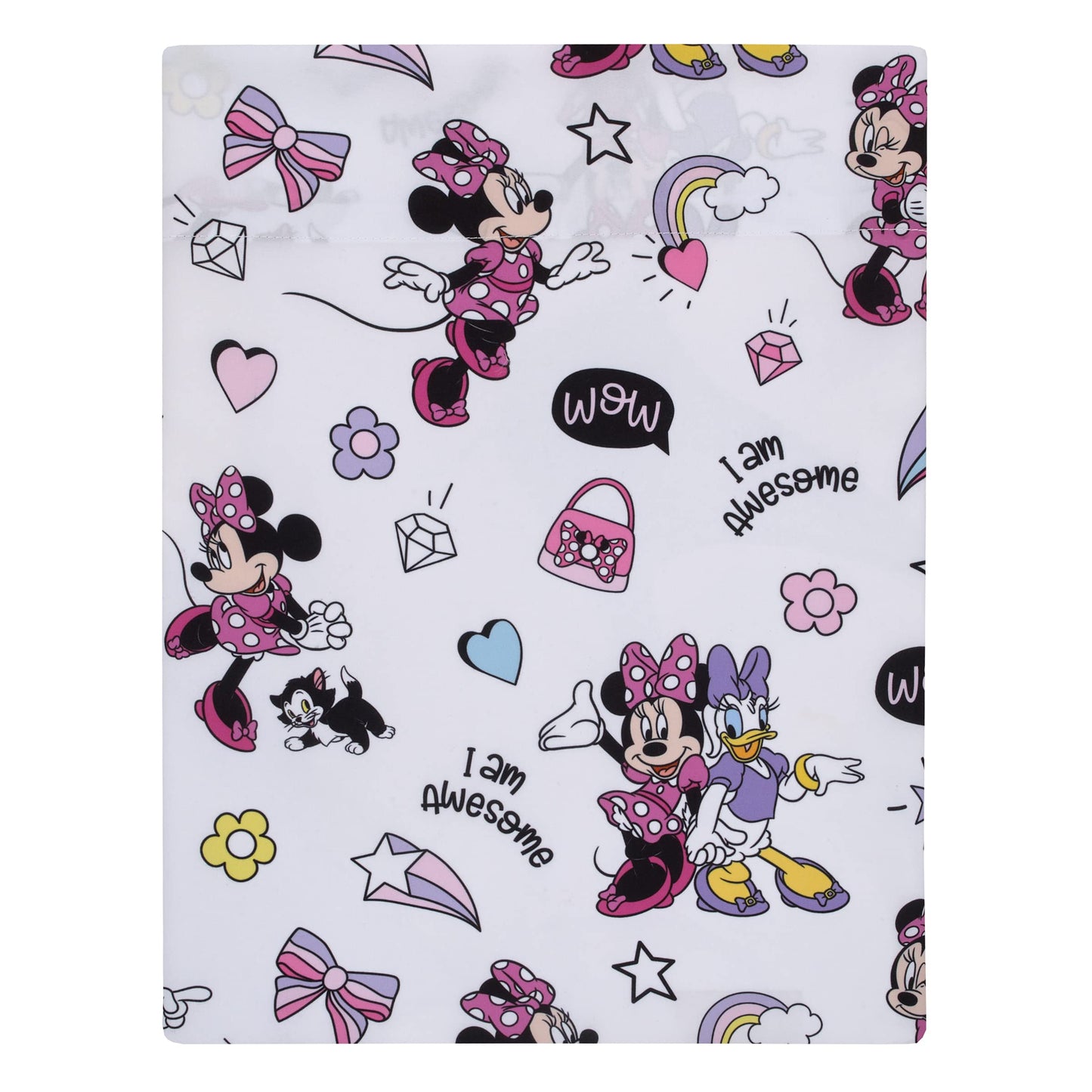 Disney Minnie Mouse I am Awesome Lavender, Pink, and White with BFF Daisy Duck, and Figaro The Cat 4 Piece Toddler Bed Set - Comforter, Fitted Bottom Sheet, Flat Top Sheet, and Reversible Pillowcase