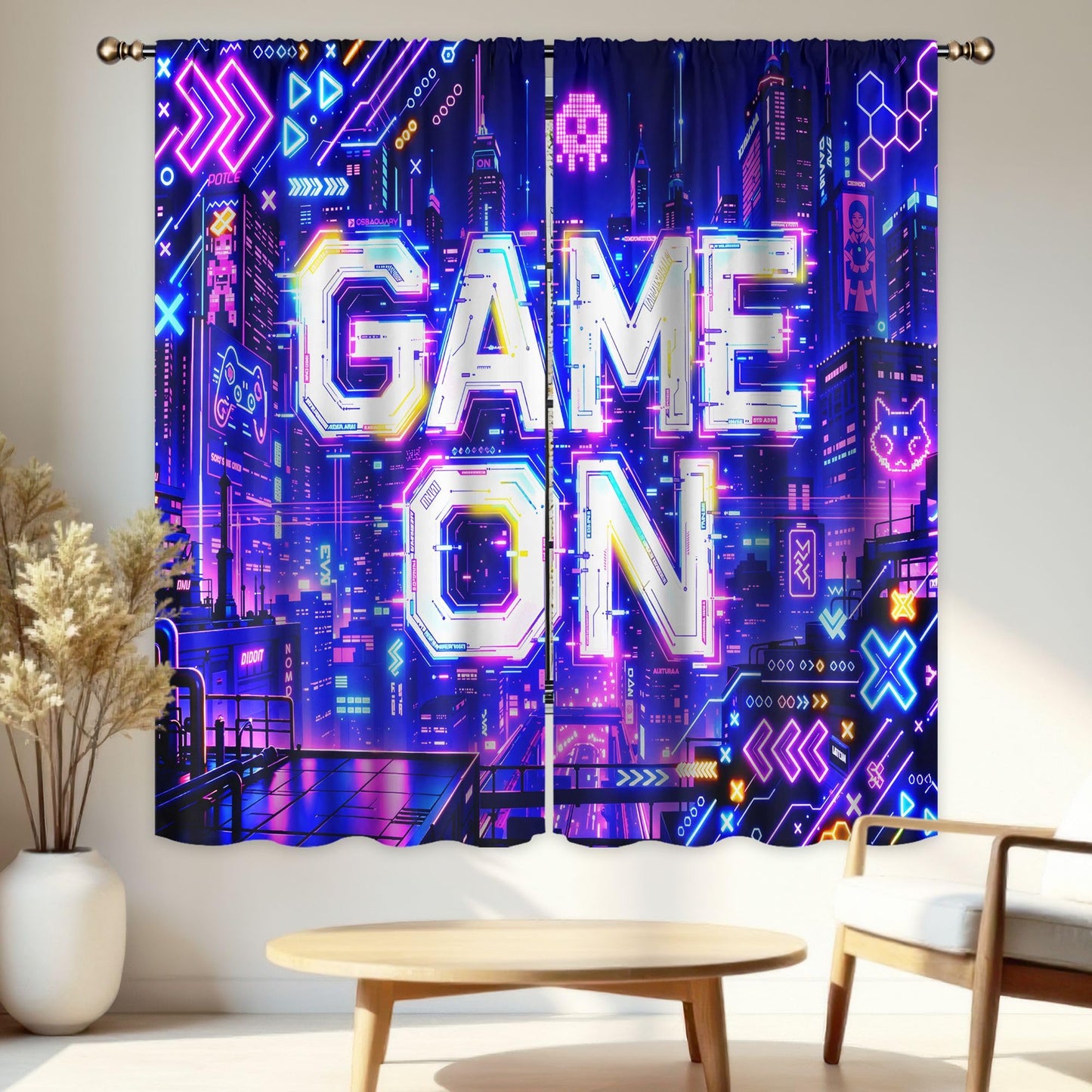LIGHTINHOME Neon Game Curtains 42Wx63H Inch Boys Modern City Night Video Games Boys Cool Game On Urban Gaming Quotes Skulls Rod Pocket Bedroom Living Room Window Drapes Treatment Fabric 2 Panels