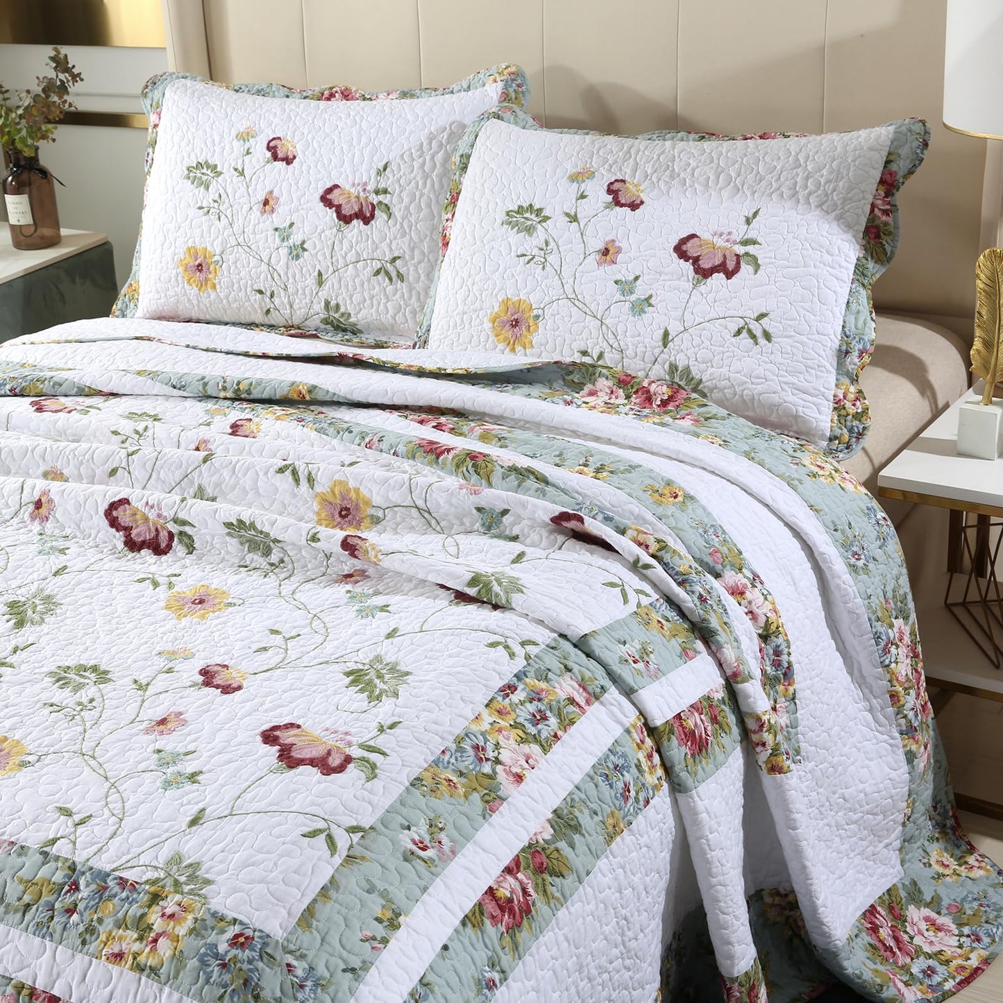 ROOMLIFE Quilt Set Queen Size 3D Floral Embroidery Pattern 3-Piece Cotton Reversible Quilted Embroidered Decorative Bedspreads Coverlet Bedding Set, Lightweight &Soft, All Season(104" X 90.5") Green