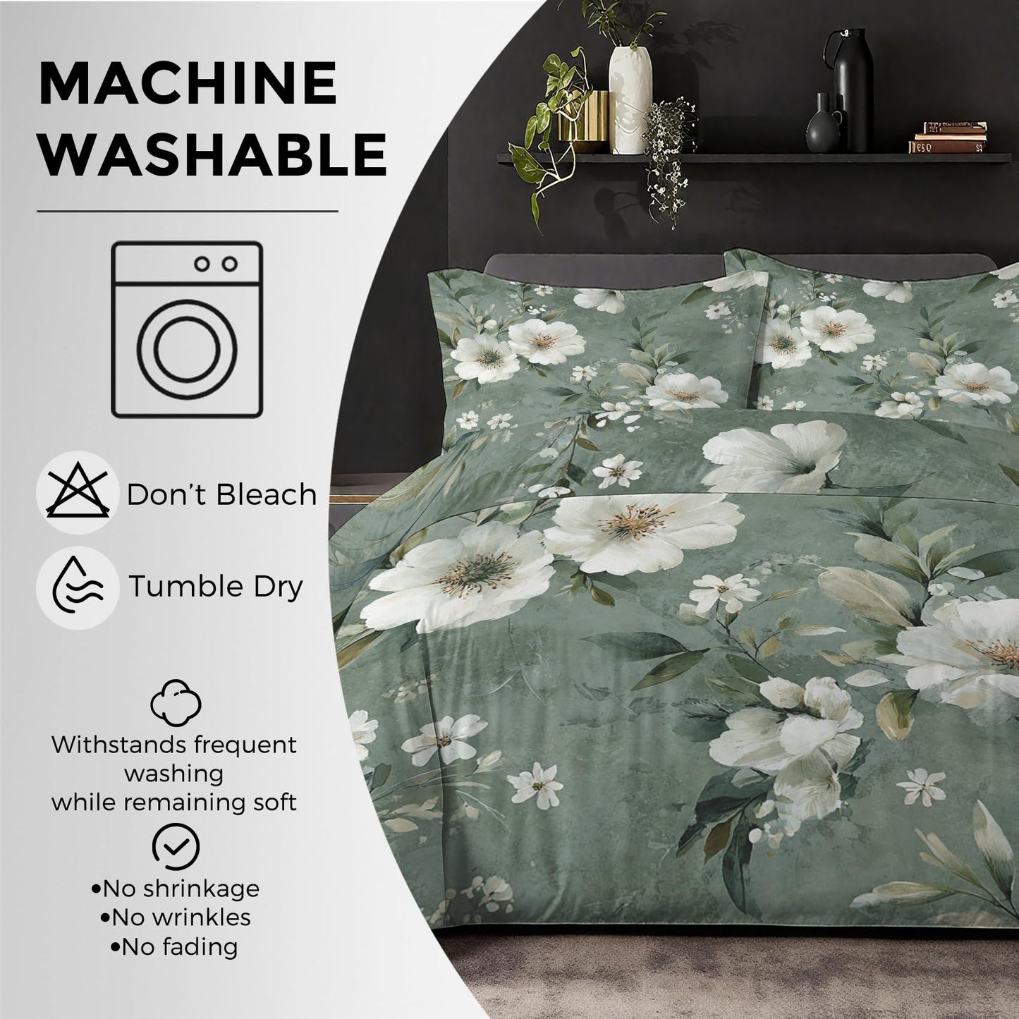 Floral Duvet Cover Queen, Botanical Leaves Bedding Set 3 Piece & 2 Pillowcases, White Flower Bedroom Decor, Reversible Soft Microfiber, Zipper Ties