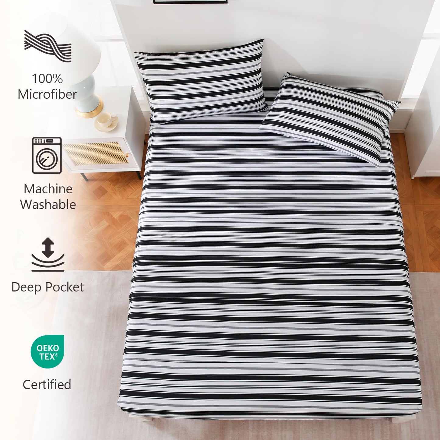 MCO 4Pieces Striped Sheets Set, Breathable King Sheet Set with 16" Deep Pocket,Modern & Luxury, Brushed Microfiber Bedding Set(King, Black)