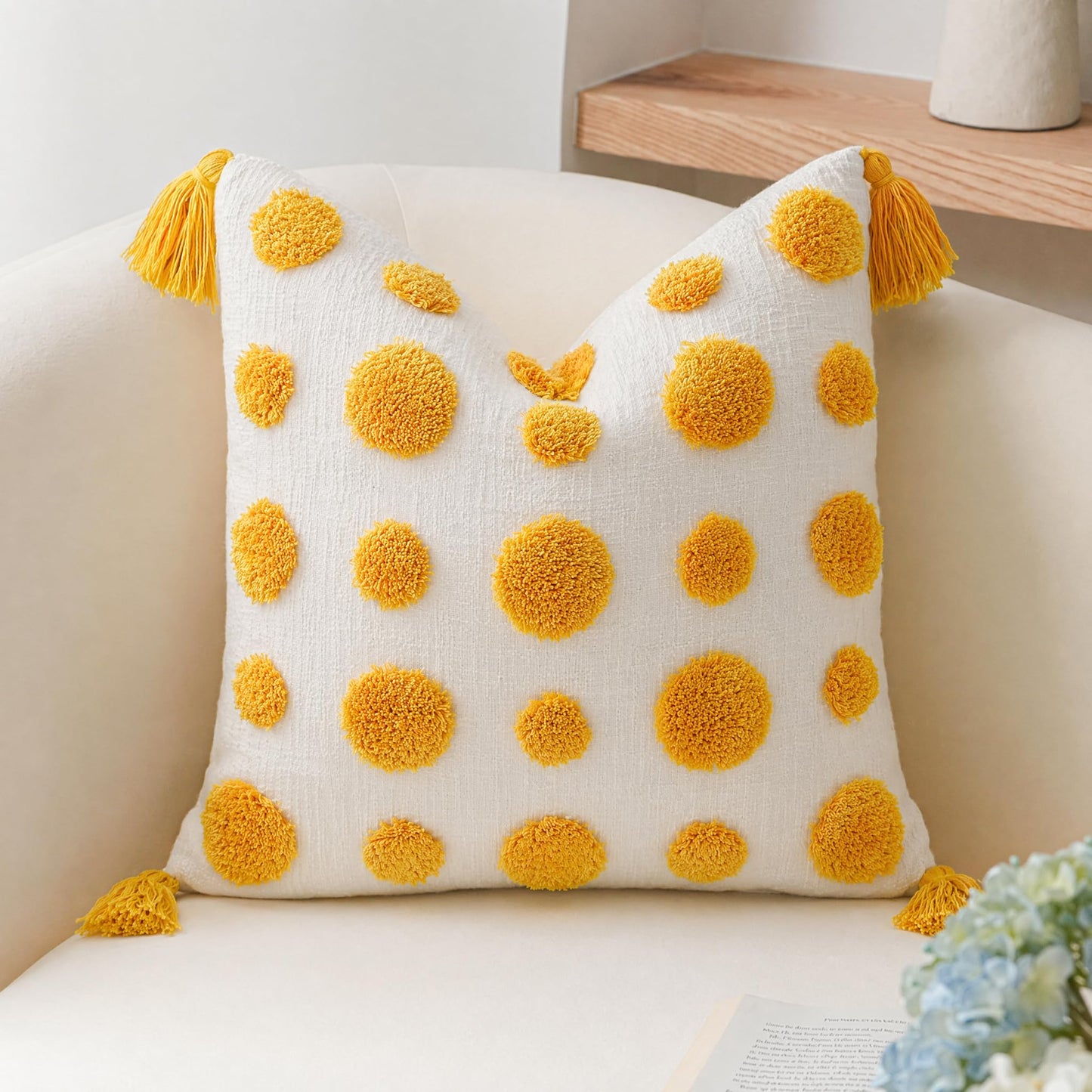 PANOD Super Soft Farmhouse Decorative Plush Throw Pillow Covers 16 x 16 Yellow,Solid Pom pom Tufted with Tassels Modern Accent Boho Square Cushion Cover Pillow Case for Couch Sofa