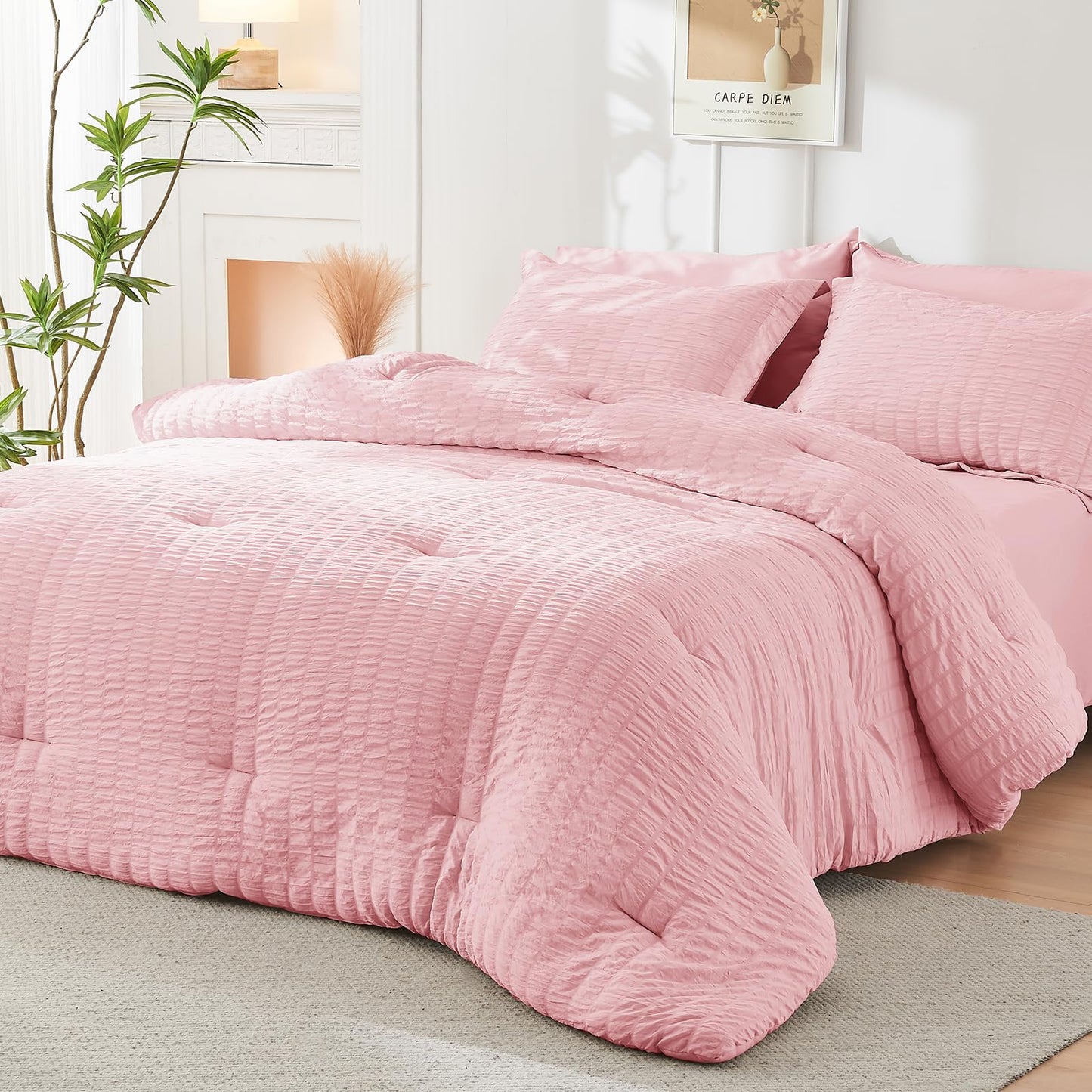 HYMOKEGE Pink Oversized Queen Comforter Set Seersucker 7 Pieces, All Season Luxury Bed in a Bag for Bedroom, Bedding Set with Comforter, Sheets, Pillowcases & Shams