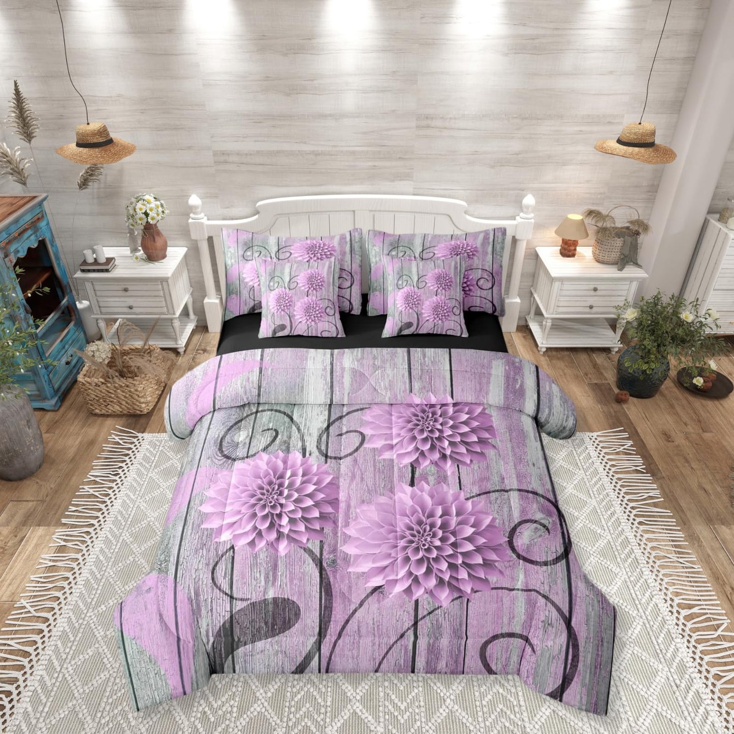 Erosebridal Dahlia Bed in A Bag Queen | Farmhouse Flower 7 Piece Comforter Set Floral Boho Sheet Set Breathable Lightweight Vintage Teal Wooden Fitted Sheet Reversible