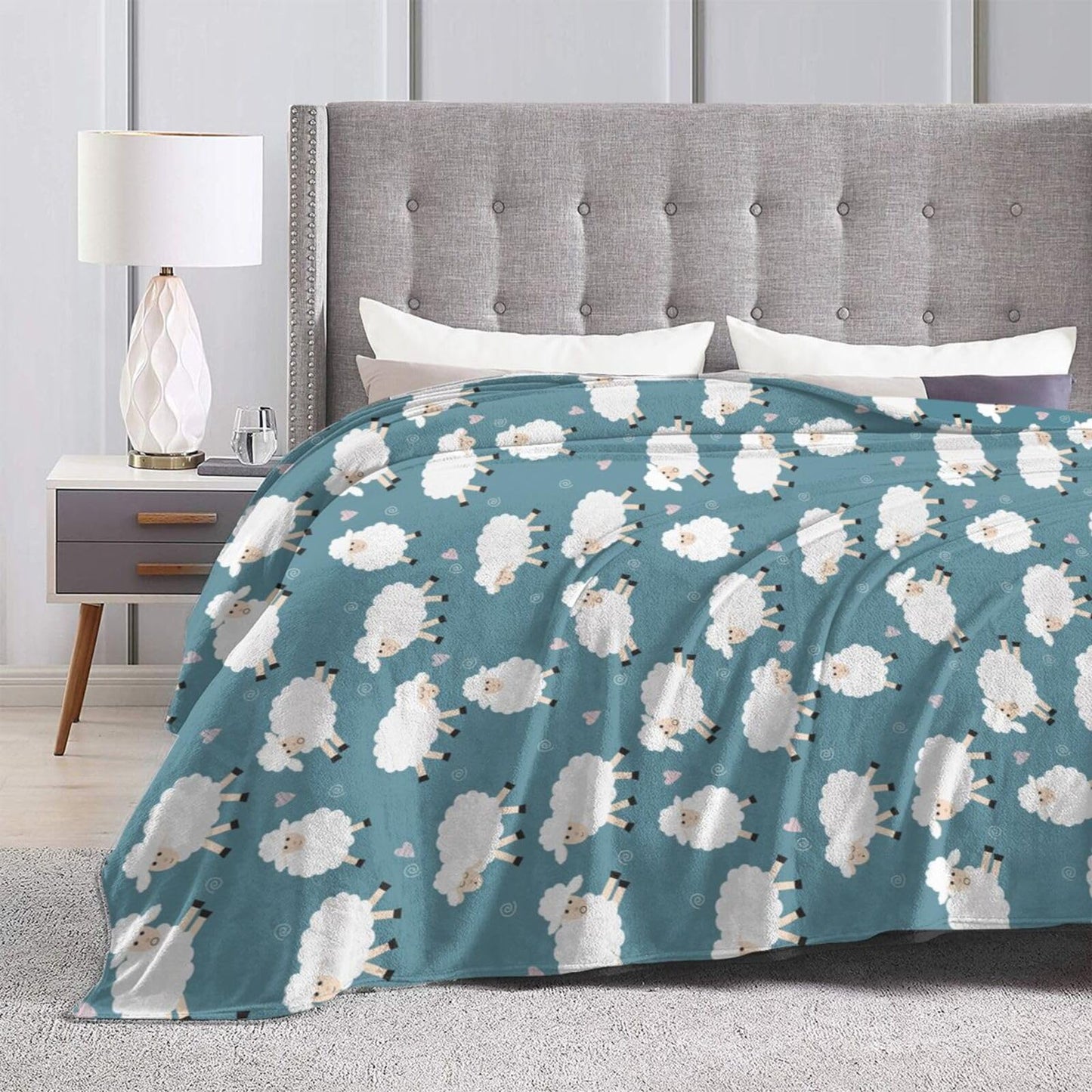 Gbuzozie Cute Sheep Blue Background Fleece Blanket Lightweight Ultra-Soft Throw Blanket for Sofa Couch Bed Camping Travel - Super Soft Cozy Microfiber Blanket 60"X50"