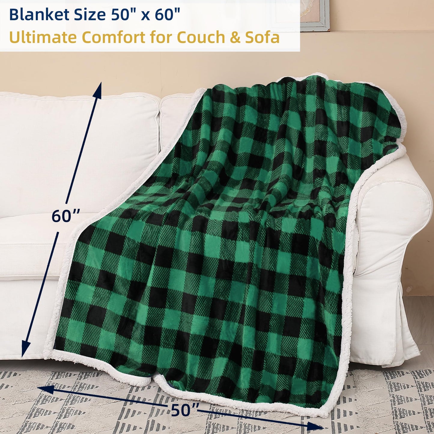 Catalonia Buffalo Plaid Green Sherpa Throw Blanket, Reversible Soft Fuzzy Comfy Snuggly Throws for Couch, 50x60 inches, St. Patrick Gift