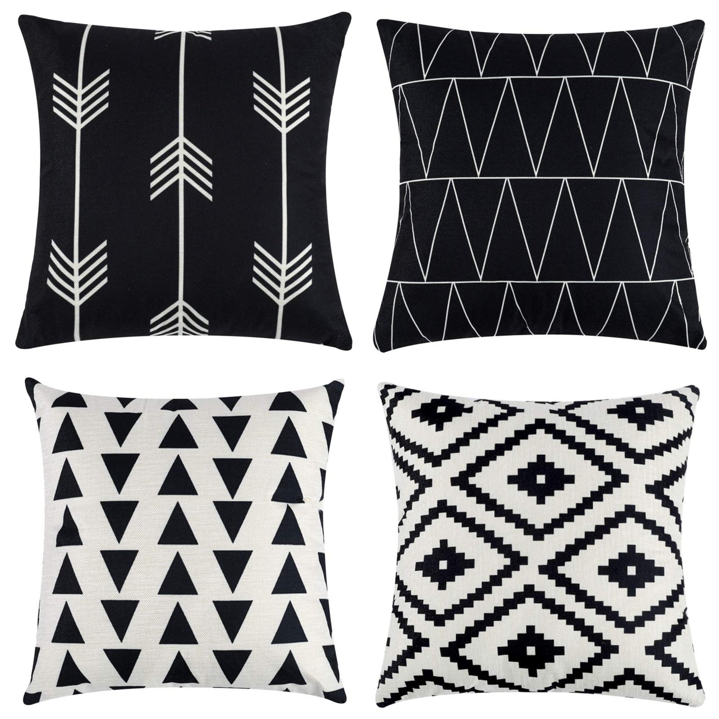 Tosewever Set of 4 Decorative Geometric 18 x 18 Inches Throw Pillow Covers - Modern Pattern Linen Square Pillow Cushion Case for Sofa Couch Bed Home Outdoor Car (18" x 18", Black)