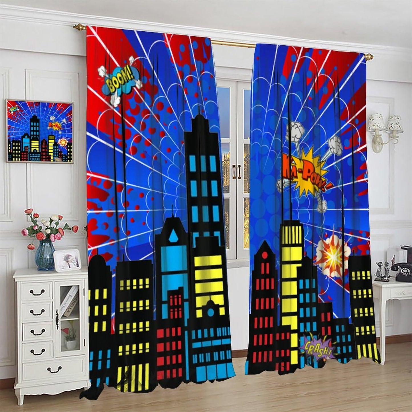 DDCBNS Super City Hero Window Curtains for Kids,Comics Style Super Urban Cartoon Spider Web Window Treatments for Boys Girls Bedroom Nursery Décor Drapes 2 Panel Sets Total Size 42" x 45"