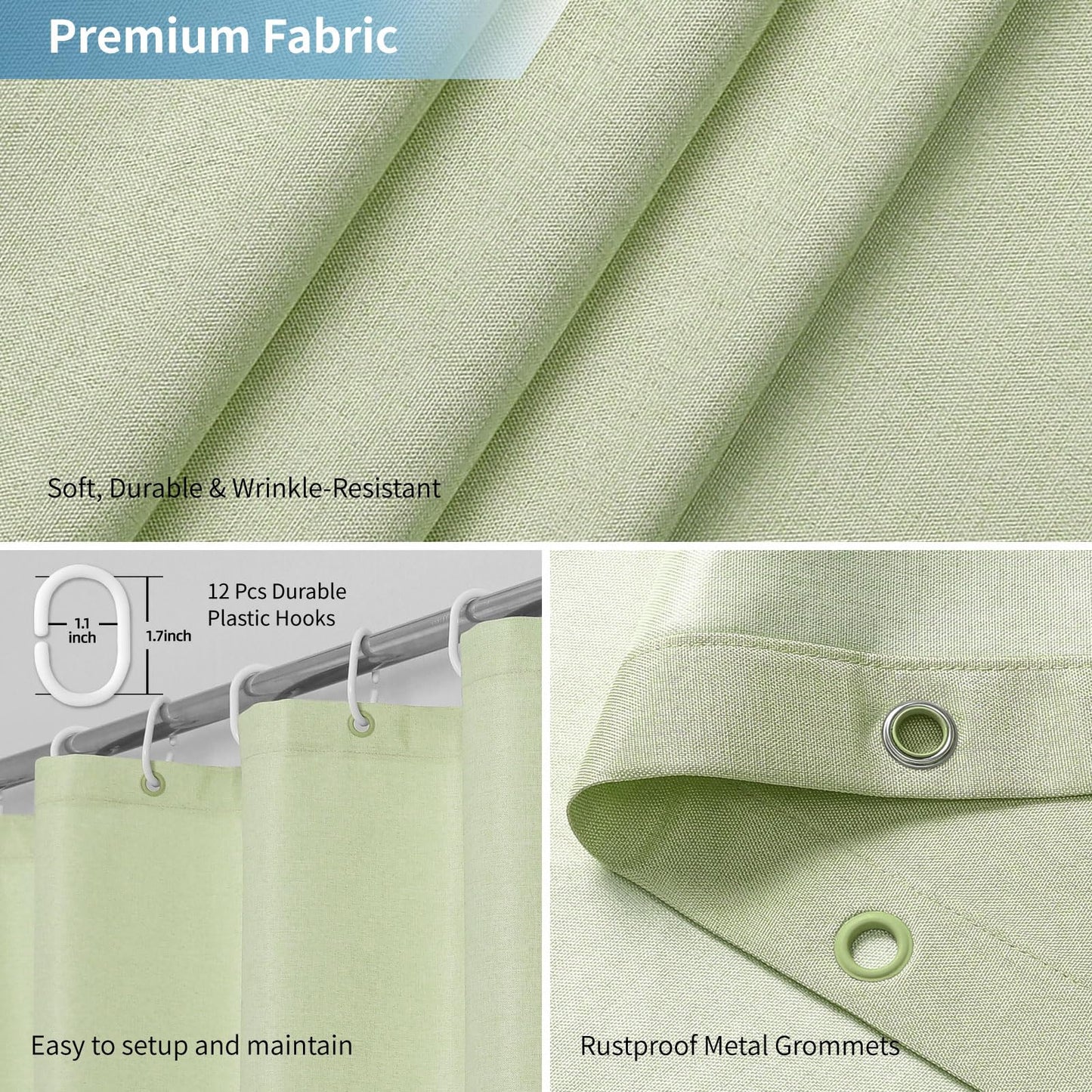 THAIGEE 2-in-1 Waterproof Long Fabric Shower Curtain,No Separate Liner Needed,Linen Textured,78 Inch Effortless Cleaning & Washable Bathroom Shower Curtain Set with 12 Plastic Hooks,72"x78",Green