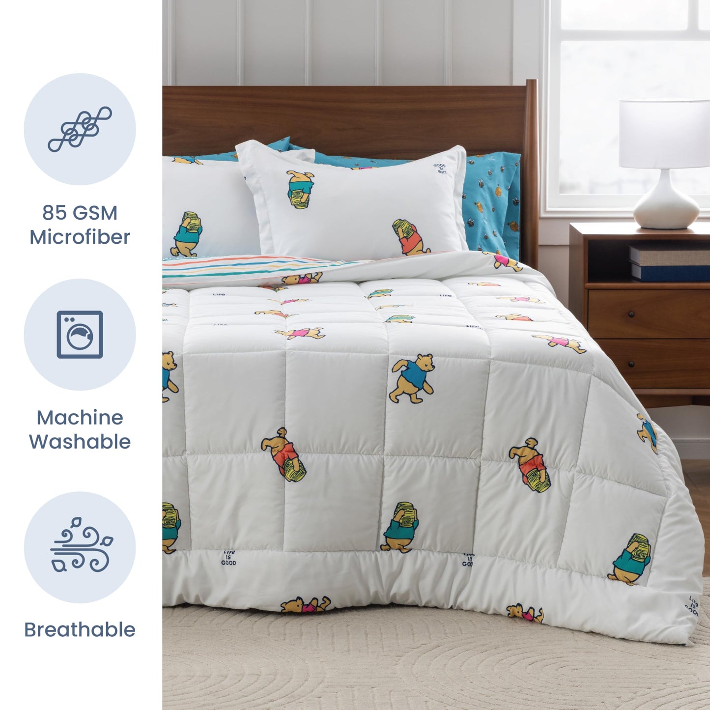 Berkshire LIG Printed Reversible Microfiber Comforter Set–5-Piece, Ultra Soft All-Season Bedding for Kids, Wrinkle & Fade Resistant, Twin, Dancing White