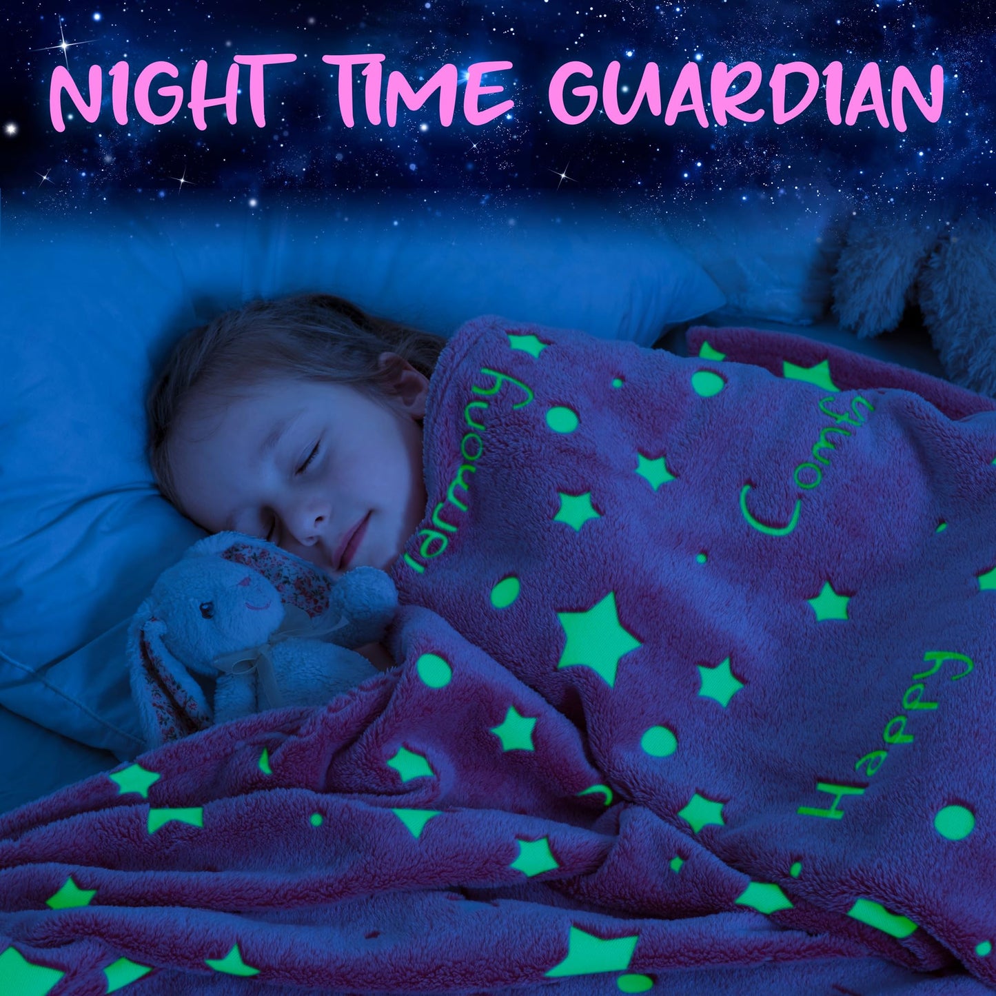 Glow in the Dark Throw Blanket, Super Soft Fuzzy Plush Fleece, Decorated with Stars and Words of Encouragement, Birthday Gift for Girls Kids Women Teens Grandkids Toddlers, Pink, 50" x 60"