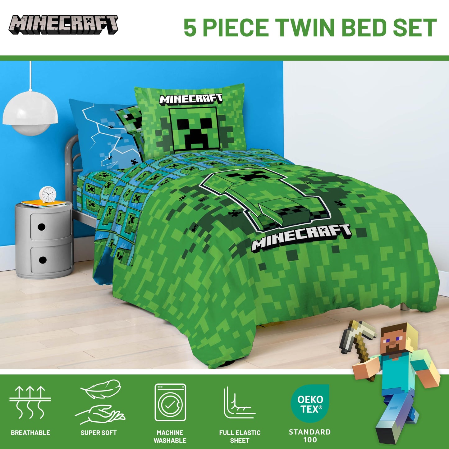 Jay Franco Minecraft Creeper Twin Comforter Set - 5 Piece Boys Bedding Includes Comforter, Sheets & Pillow Covers, Officially Licensed Soft Microfiber Gamer Bed Set for Room Decor, Green