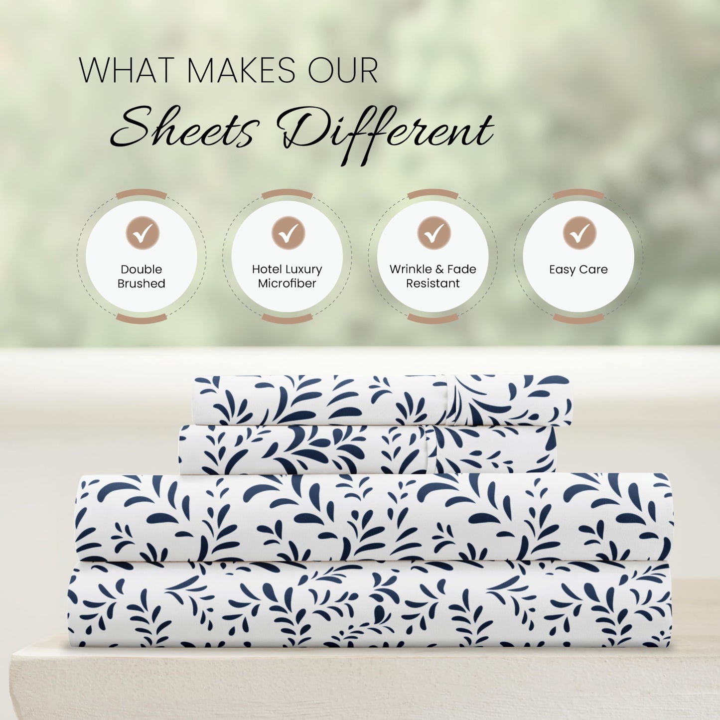 Linen Market 4 Piece King Sheet Set - Breathable, Double-Brushed Patterned Cooling Sheets – Oeko-TEX Certified Ultra Soft & Wrinkle-Free 16" Deep-Pocket King Sheets - Easy Care Burst of Vines Navy